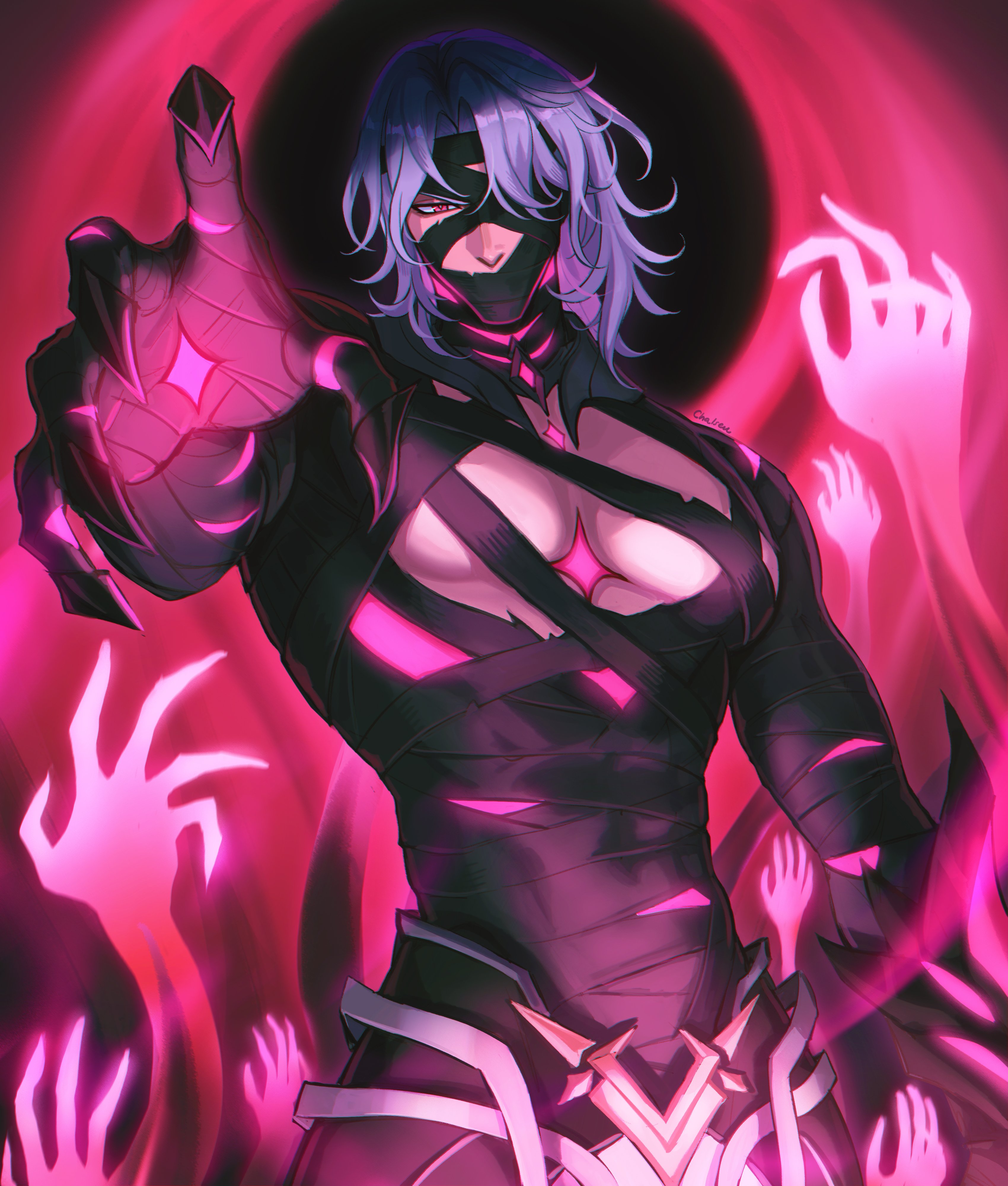 chalseu, rerir (genshin impact), genshin impact, absurdres, commentary, english commentary, highres, 1boy, artist name, bandage over one eye, bandaged arm, bandaged chest, bandaged neck, bandages, bandages over mouth, black bandages, energy, hair intakes, large pectorals, looking at viewer, male focus, medium hair, one eye covered, outstretched arm, outstretched hand, parted bangs, pectorals, reaching, reaching towards viewer, red eyes, signature, solo, standing