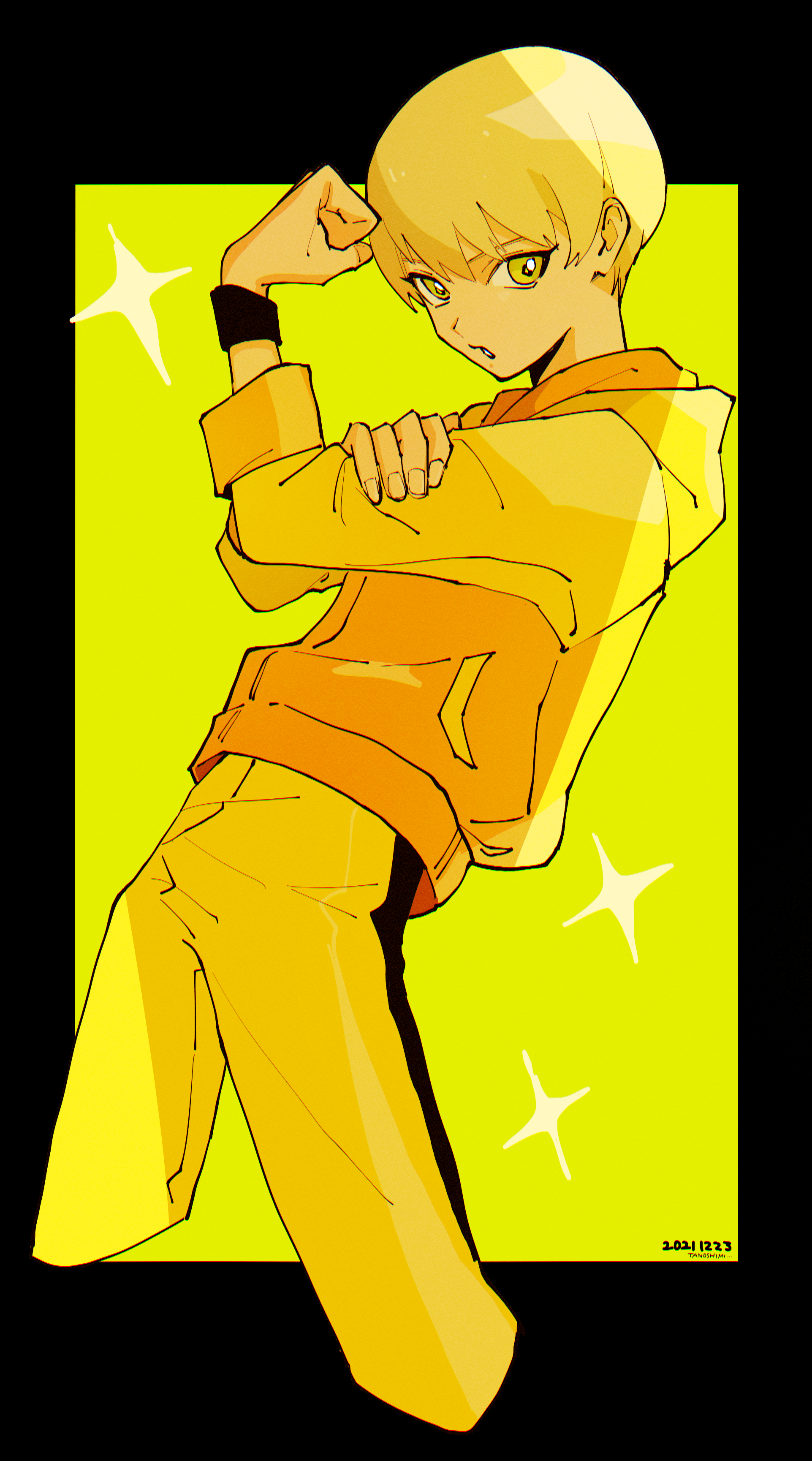 hasuhappa, huang pao-lin, tiger & bunny, absurdres, commentary request, highres, 1girl, androgynous, blonde hair, clenched hand, dated, eyelashes, green eyes, hand on own arm, hood, hood down, hoodie, jacket, long sleeves, orange jacket, pants, reverse trap, short hair, sleeveless, sleeveless jacket, solo, tomboy, very short hair, yellow background, yellow hoodie, yellow pants