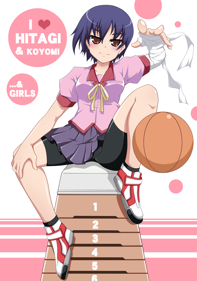 kaede kage (hokage), kanbaru suruga, bakemonogatari, monogatari (series), ball, bandages, basketball, basketball (object), bike shorts, english text, school uniform, short hair, solo, spandex, vaulting horse