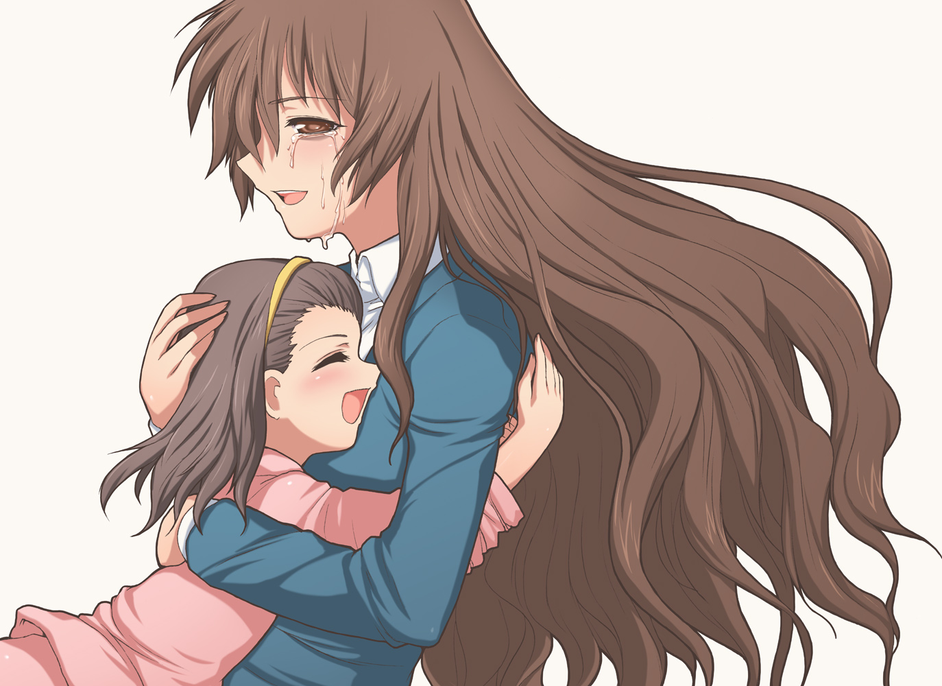 aokihoshi, edasaki banri, kiyama harumi, toaru kagaku no railgun, toaru majutsu no index, brown eyes, brown hair, closed eyes, eyes closed, hairband, hug, long hair, pajamas, short hair, tears