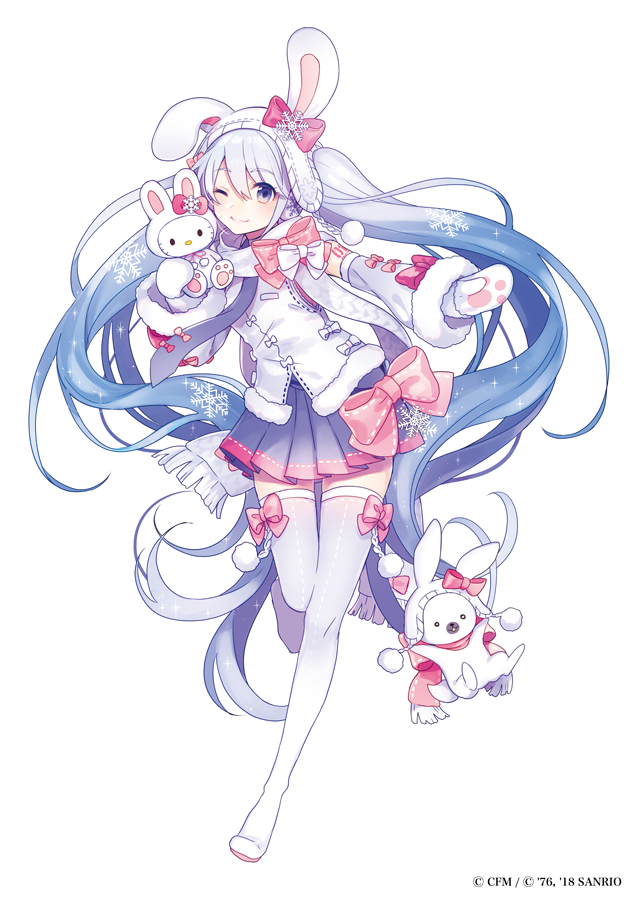 saine, hatsune miku, hello kitty (character), rabbit yukine, yuki miku, hello kitty, sanrio, vocaloid, commentary request, official art, 1girl, :3, animal ear hairband, animal ears, blue eyes, blue hair, blue necktie, blue skirt, boots, bow, bow hairband, bow legwear, closed mouth, copyright name, copyright notice, detached sleeves, double-parted bangs, earmuffs, fake animal ears, full body, fur-trimmed sleeves, fur-trimmed vest, fur trim, gradient hair, hair bow, hair ornament, hairband, holding, holding stuffed toy, leg up, long hair, looking at viewer, miniskirt, mittens, multicolored hair, necktie, one eye closed, outstretched arm, patterned hair, paw print palms, pink bow, pink trim, pleated skirt, rabbit, rabbit ear hairband, rabbit ears, scarf, simple background, skindentation, skirt, sleeveless, smile, snowflake hair ornament, snowflake print, standing, standing on one leg, straight hair, stuffed animal, stuffed cat, stuffed toy, thigh boots, thighhighs, twintails, two-tone hair, very long hair, vest, waistcoat, white background, white boots, white bow, white hair, white rabbit (animal), white scarf, white vest, zettai ryouiki