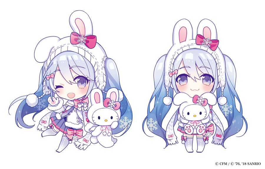 saine, hatsune miku, hello kitty (character), yuki miku, hello kitty, sanrio, vocaloid, commentary request, official art, 1girl, :3, ;d, animal ear hairband, animal ears, blue eyes, blue hair, blue necktie, blue skirt, boots, bow, bow hairband, bow legwear, chibi, chibi only, closed mouth, copyright name, copyright notice, detached sleeves, double-parted bangs, fake animal ears, full body, fur-trimmed sleeves, fur-trimmed vest, fur trim, gradient hair, hair bow, hair ornament, hairband, holding, holding stuffed toy, leg up, long hair, looking at viewer, miniskirt, mittens, multicolored hair, multiple views, necktie, one eye closed, open mouth, outstretched arm, patterned hair, paw print palms, pink bow, pink trim, pleated skirt, rabbit ear hairband, rabbit ears, scarf, simple background, skindentation, skirt, sleeveless, smile, snowflake hair ornament, snowflake print, standing, standing on one leg, straight hair, stuffed animal, stuffed cat, stuffed toy, thigh boots, thighhighs, twintails, two-tone hair, very long hair, vest, waistcoat, white background, white boots, white bow, white hair, white scarf, white vest, zettai ryouiki