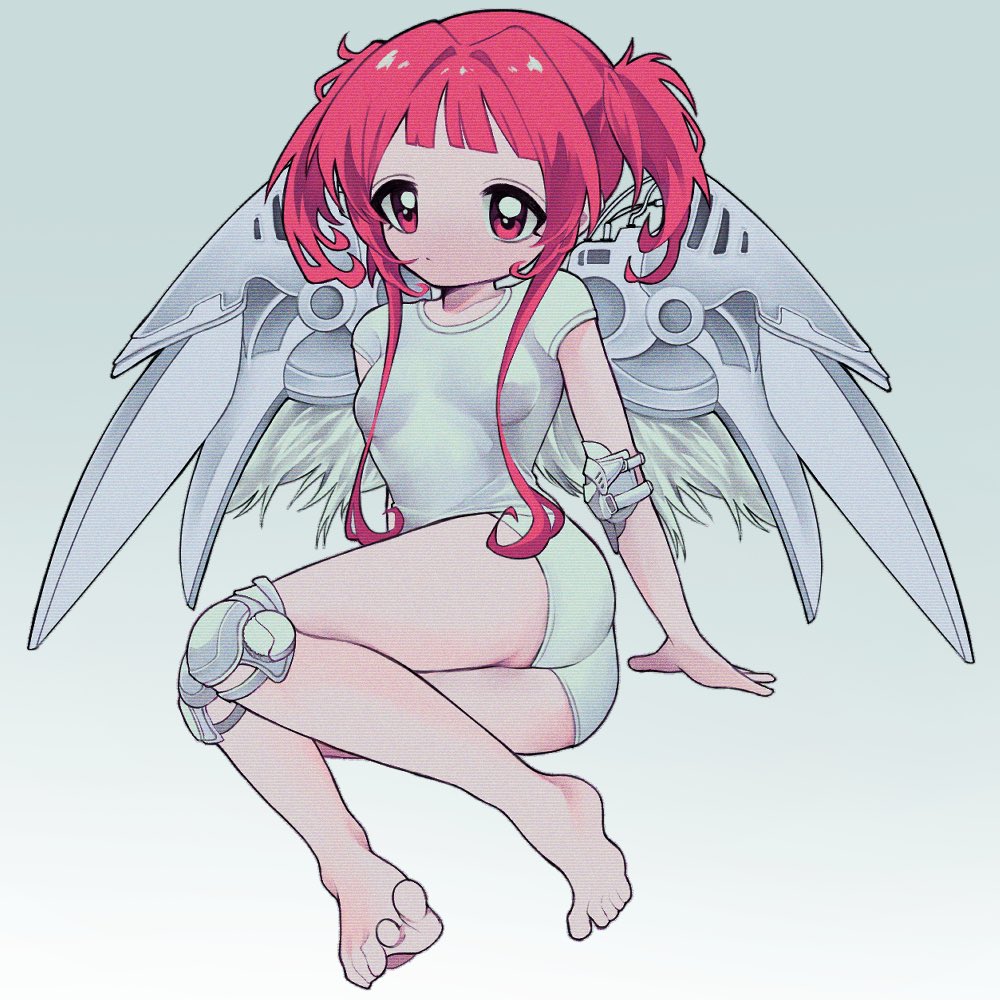 original, 1girl, 9 ron23, ass, barefoot, breasts, closed mouth, dot mouth, elbow pads, feet, full body, gradient background, grey background, knee pads, long sidelocks, lying, mechanical wings, on side, pink eyes, pink hair, short hair with long locks, short sleeves, sidelocks, small breasts, solo, twintails, white unitard, wings