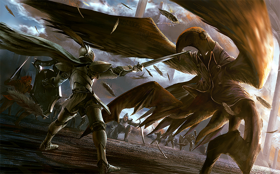 noba, dweine, hieronymus, pixiv fantasia, pixiv fantasia 4, 6+boys, armor, battle, cape, epic, feathers, glowing, glowing eyes, helmet, horns, knight, male focus, monster, multiple boys, oni, shield, sword, tower, weapon, wings