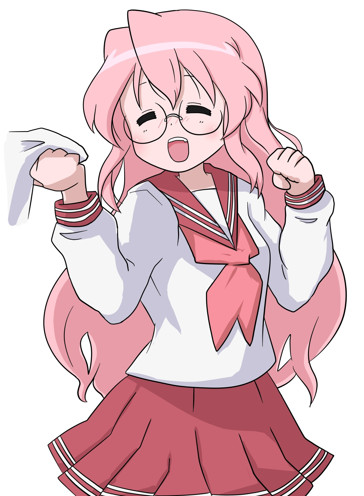 hisano misao, takara miyuki, lucky star, bad id, bad pixiv id, highres, 00s, closed eyes, glasses, handkerchief, long hair, pink hair, school uniform, serafuku