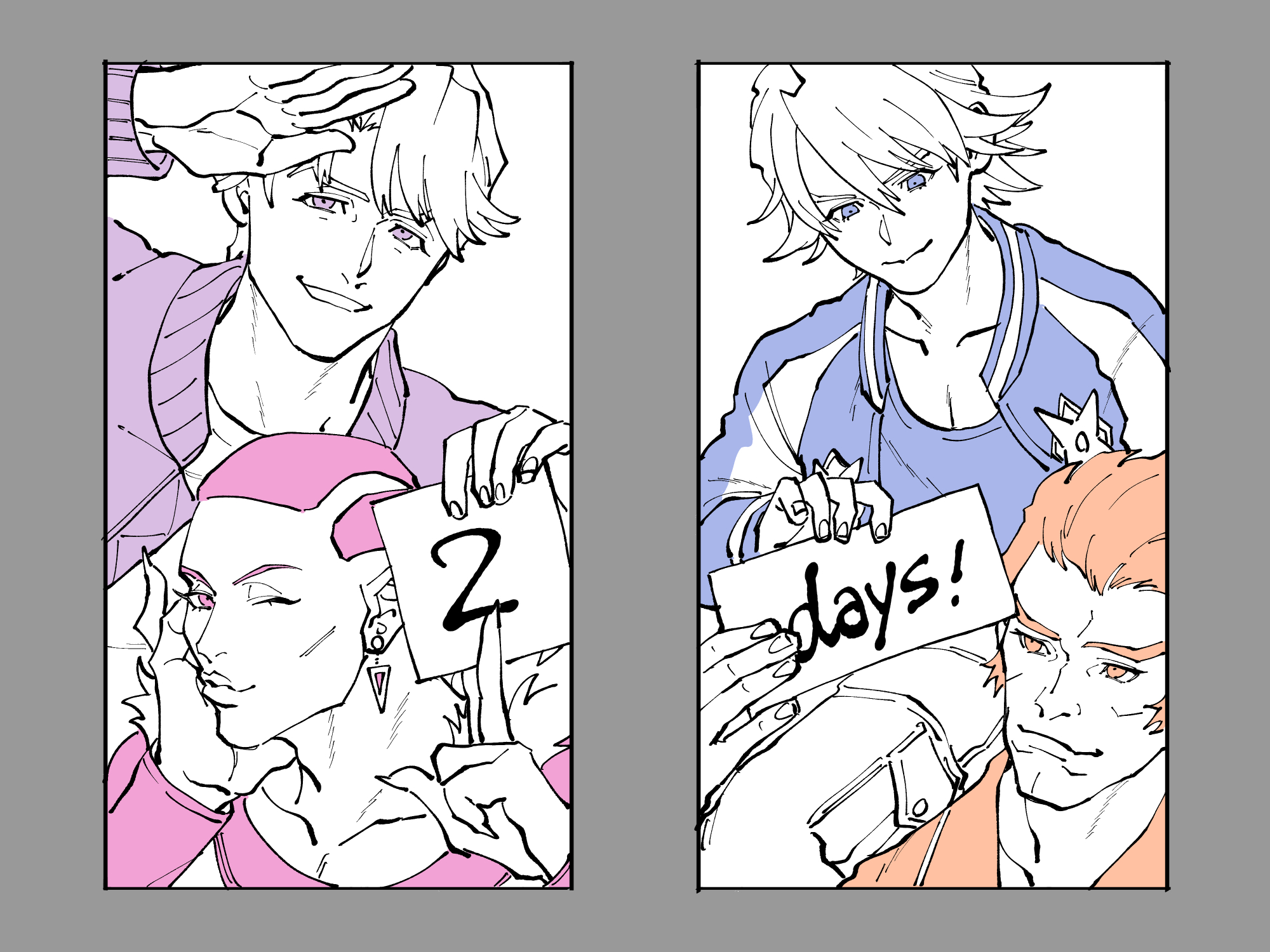 fsz tb, antonio lopez, ivan karelin, keith goodman, nathan seymour, tiger & bunny, commentary request, highres, 4boys, arm up, blue eyes, blue jacket, blue shirt, border, brown eyes, brown hair, closed mouth, collarbone, countdown illustration, earrings, english text, eyelashes, fingernails, holding, holding sign, jacket, jewelry, lips, long fingernails, long sleeves, male focus, multiple boys, open clothes, open jacket, partially colored, pink hair, purple border, purple eyes, shirt, short hair, sign, smile, thick eyebrows, very short hair