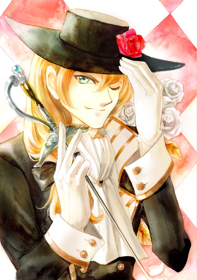 mitakarat, original, bad id, bad pixiv id, 1boy, blonde hair, flower, gloves, green eyes, hand on headwear, hat, hat flower, long hair, male focus, one eye closed, rapier, red flower, red rose, rose, solo, sword, weapon, white flower, white rose, wink