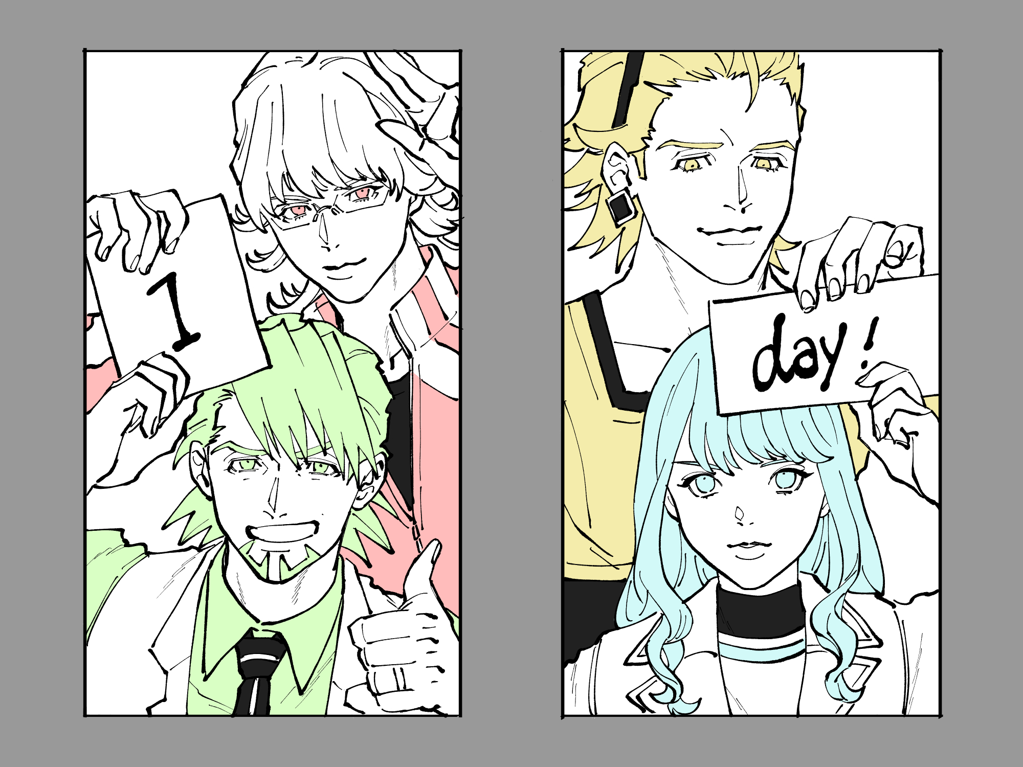 fsz tb, barnaby brooks jr., kaburagi t. kotetsu, karina lyle, ryan goldsmith, tiger & bunny, commentary request, highres, 1girl, 3boys, aqua eyes, aqua hair, blonde hair, border, closed mouth, collarbone, collared shirt, countdown illustration, earrings, english text, eyelashes, facial hair, fingernails, glasses, goatee, green eyes, green hair, green shirt, grin, holding, holding sign, jacket, jewelry, long hair, long sleeves, multiple boys, necktie, open clothes, open jacket, partially colored, purple border, red eyes, shirt, short hair, sign, smile, thumbs up, yellow eyes