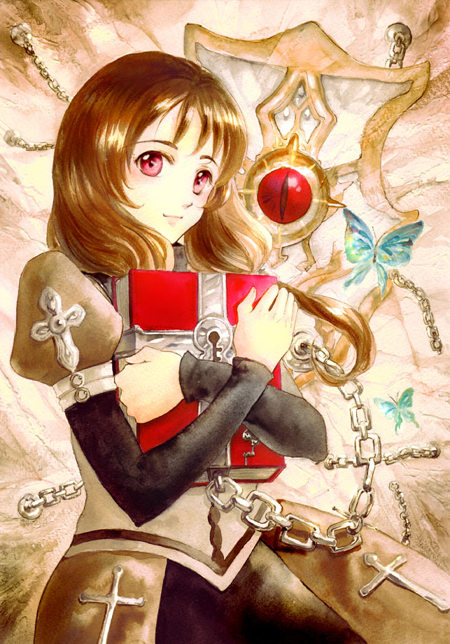 mitakarat, original, bad id, bad pixiv id, book, brown hair, bug, butterfly, chain, cross, insect, lock, long hair, red eyes, shield, solo