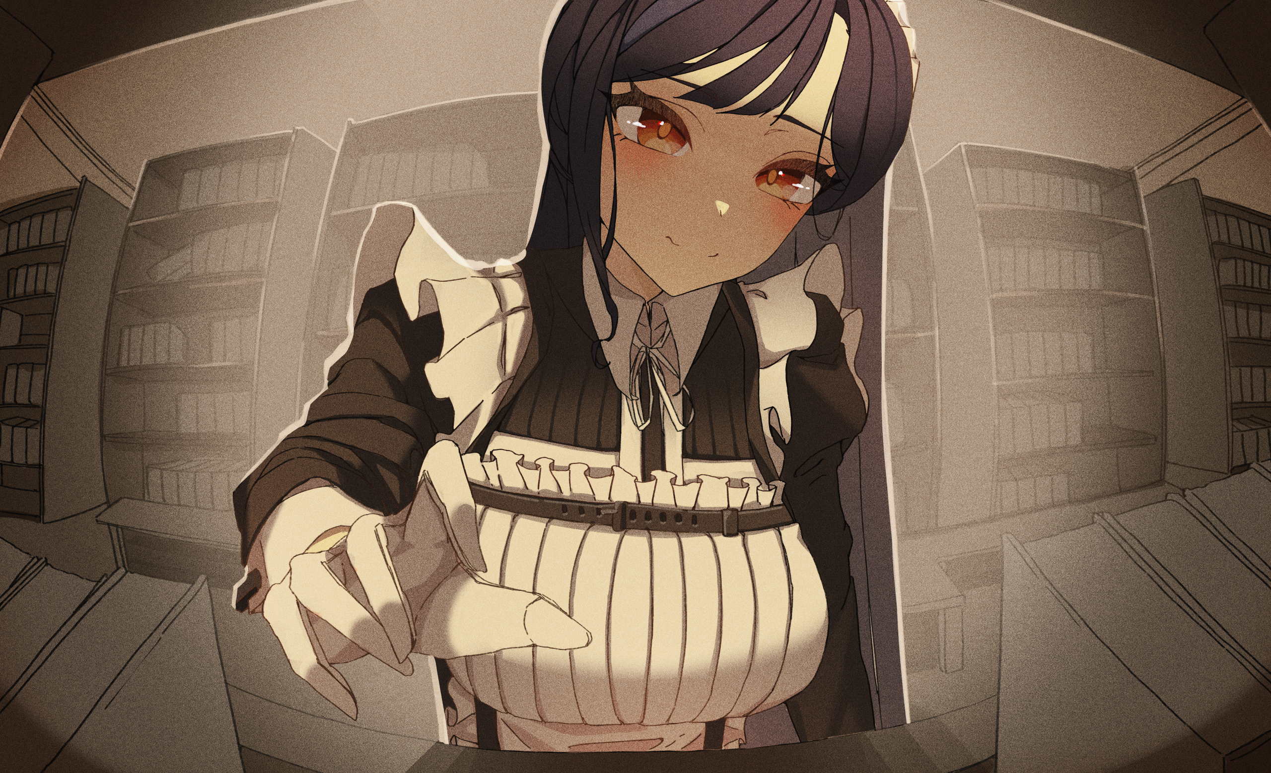 greeen 891, lilpa, waktaverse, commentary, highres, korean commentary, 1girl, apron, black dress, black hair, blush, book, bookshelf, breasts, brown eyes, chest belt, closed mouth, dress, fisheye, frilled apron, frills, gloves, harness, indoors, large breasts, library, long hair, long sleeves, looking at viewer, maid, maid apron, maid headdress, neck ribbon, pov, reaching, reaching towards viewer, ribbon, smile, solo, upper body, very long hair, virtual youtuber, white apron, white gloves