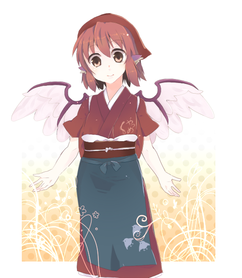 yoru suzu, mystia lorelei, okamisty, touhou, bad id, bad pixiv id, 1girl, animal ears, brown hair, female focus, solo, tasuki, wings