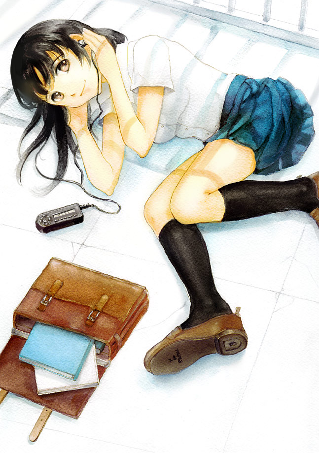 mitakarat, original, bad id, bad pixiv id, bag, black hair, book, digital walkman, earphones, kneehighs, legs, long hair, lying, mp3 player, school uniform, socks, solo, yellow eyes