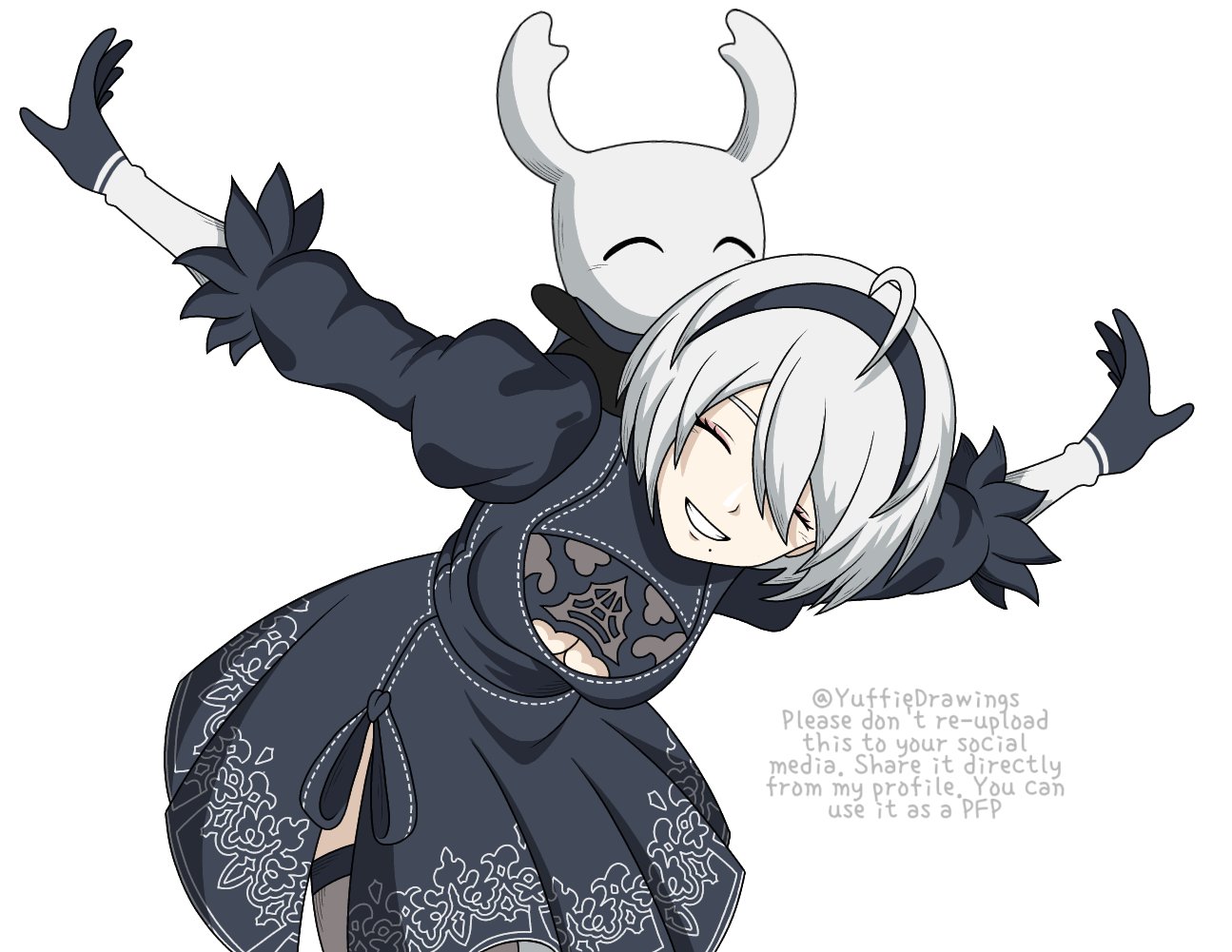 yuffie drawings, 2b (nier:automata), knight (hollow knight), hollow knight, nier:automata, nier (series), commentary, symbol-only commentary, 1girl, 1other, ahoge, bug, cloak, dress, horns, mask, short hair, simple background, smile, white background, white mask