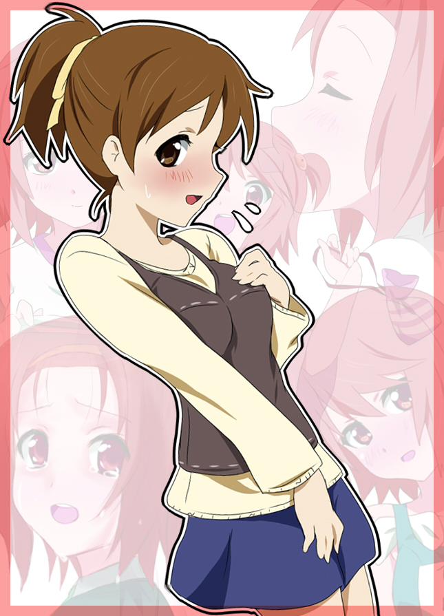 ikari manatsu, hirasawa ui, tainaka ritsu, k-on!, 2girls, blush, brown eyes, brown hair, casual, multiple girls, ponytail
