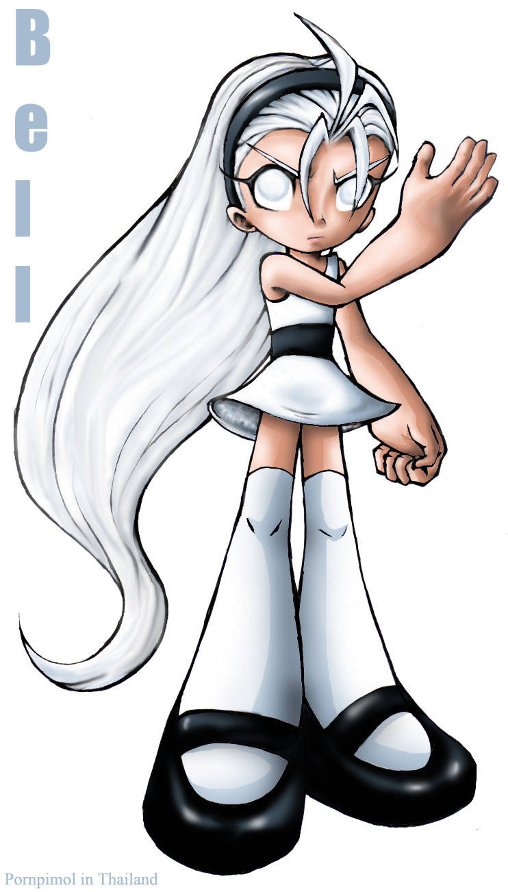 propimol, bell (ppgd), powerpuff girls, powerpuff girls doujinshi, highres, 1girl, arm up, black hairband, black shoes, clenched hand, dress, dress shoes, english text, grey eyes, hairband, long bangs, long hair, open hand, shoes, short dress, sleeveless, solo, standing, thighhighs, v-shaped eyebrows, very long hair, white background, white dress, white hair, white thighhighs