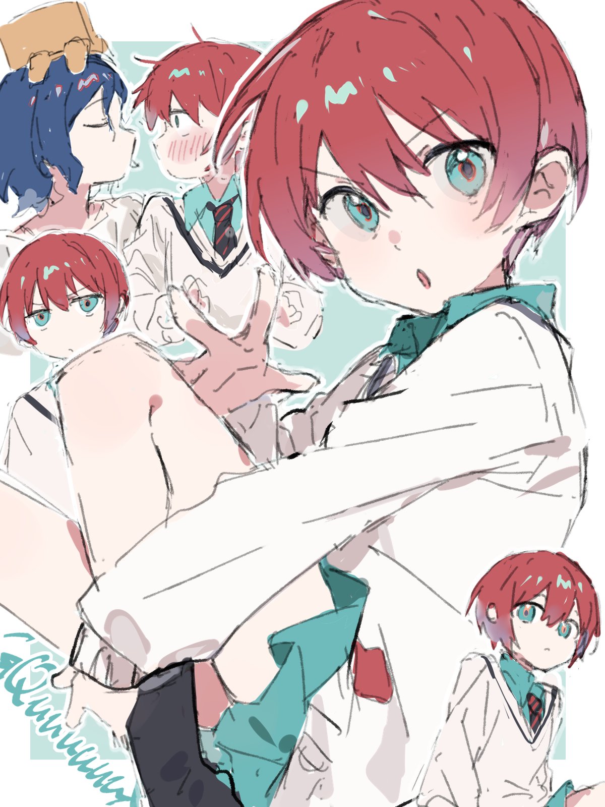 amate yuzuriha, shuji ito, gundam, gundam gquuuuuux, twitter, 1boy, 1girl, blue eyes, blue hair, blush, looking at viewer, red hair, school uniform, short hair, tainibreak