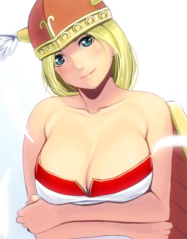 kouno (masao), valkyrie (vnd), namco, valkyrie no densetsu, bad id, bad pixiv id, 1girl, blonde hair, blue eyes, breasts, cleavage, feathers, female focus, large breasts, smile, solo