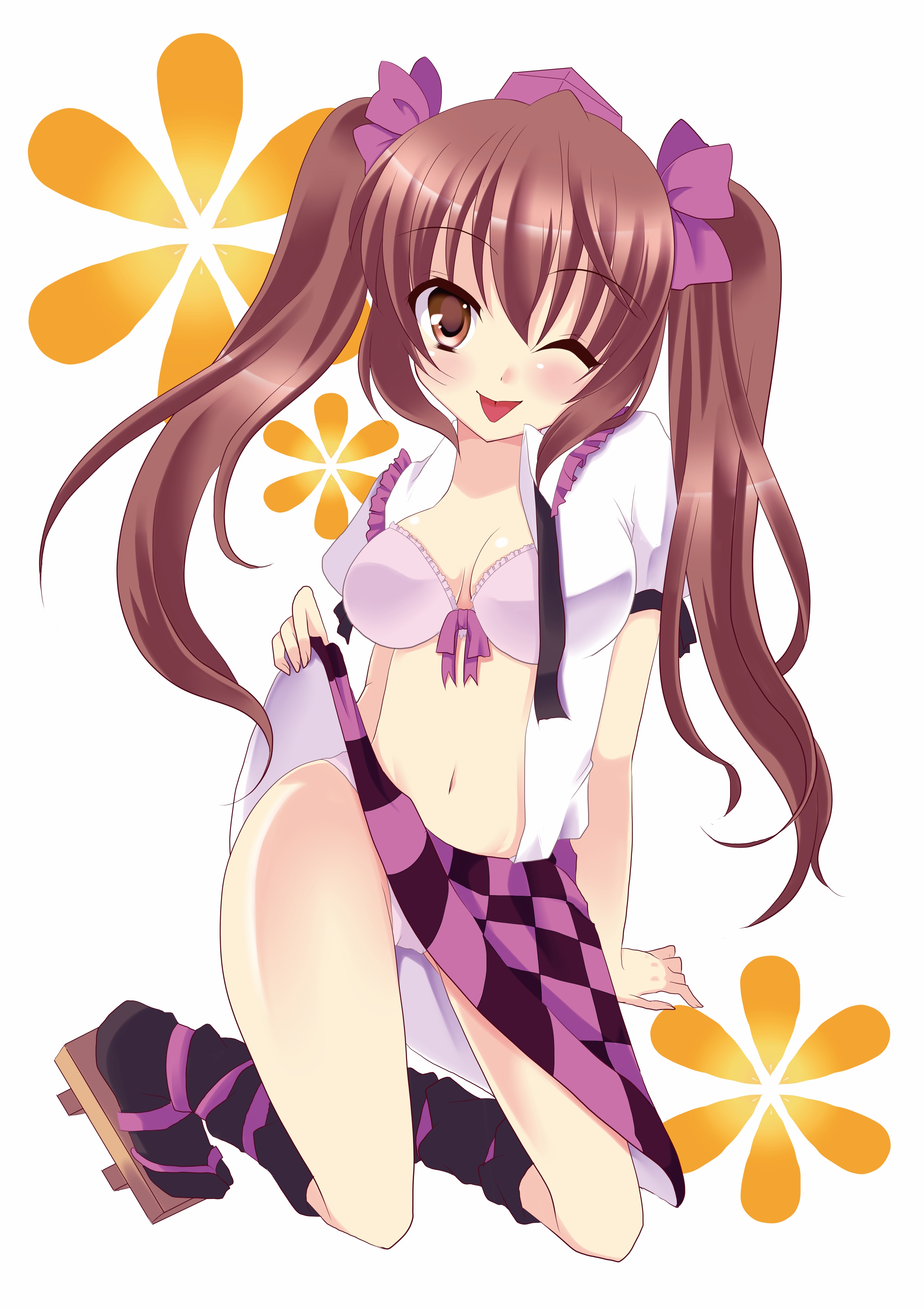 ageha (artist), agekichi (heart shape), himekaidou hatate, touhou, absurdres, bad id, bad pixiv id, highres, 1girl, ;p, black socks, bow, bow bra, bra, breasts, breasts apart, cleavage, clothes lift, female focus, frilled bra, frills, geta, hair bow, hat, kneeling, lingerie, midriff, navel, one eye closed, panties, pantyshot, phone, purple bra, purple panties, skirt, skirt lift, socks, solo, tengu-geta, thighs, tokin hat, tongue, tongue out, twintails, underwear, upskirt, wink