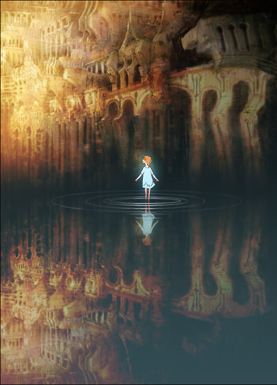 sukiyoshi (skiaki), bad id, bad pixiv id, gender request, androgynous, city, landscape, nature, orange hair, reflection, ripples, scenery, short hair, solo, wading, water