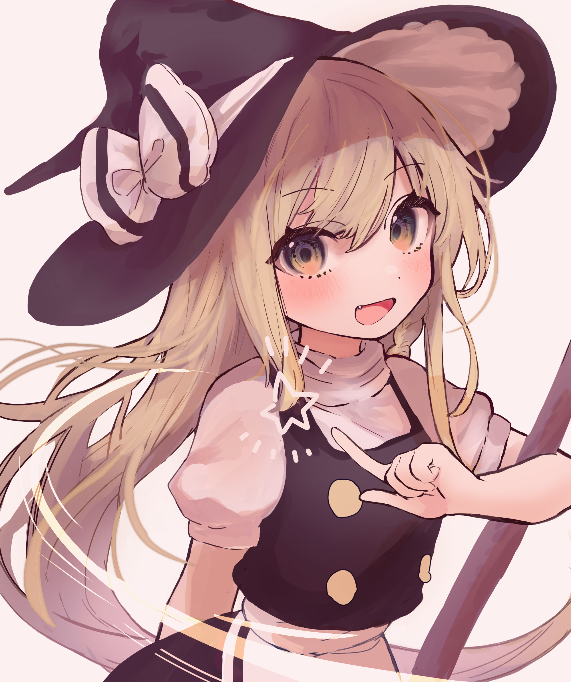 ameshi (rzuw4482), kirisame marisa, touhou, commentary, highres, 1girl, apron, black hat, black skirt, black vest, blonde hair, blush, bow, fang, hat, hat bow, long hair, open mouth, puffy short sleeves, puffy sleeves, short sleeves, skirt, smile, solo, very long hair, vest, waist apron, white apron, white bow, witch hat, yellow eyes