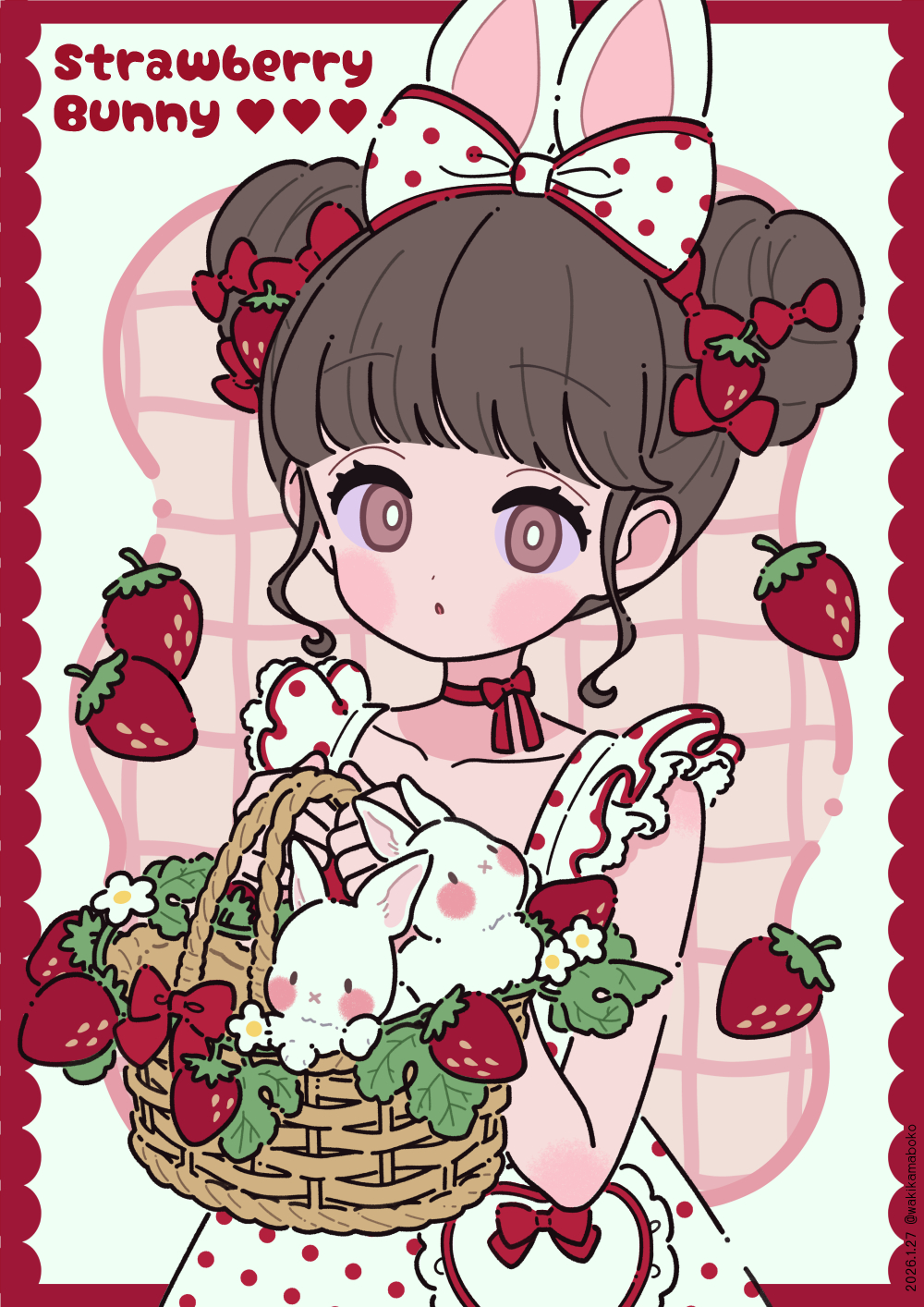neki (wakiko), original, commentary, english commentary, highres, 1girl, animal, animal ears, basket, border, bow, brown eyes, brown hair, collarbone, double bun, dress, english text, food, food-themed hair ornament, fruit, grey background, hair bow, hair bun, hair ornament, heart, holding, holding basket, looking at viewer, parted lips, polka dot, polka dot bow, polka dot dress, rabbit, rabbit ears, red border, red bow, solo, strawberry, strawberry hair ornament, white bow, white dress