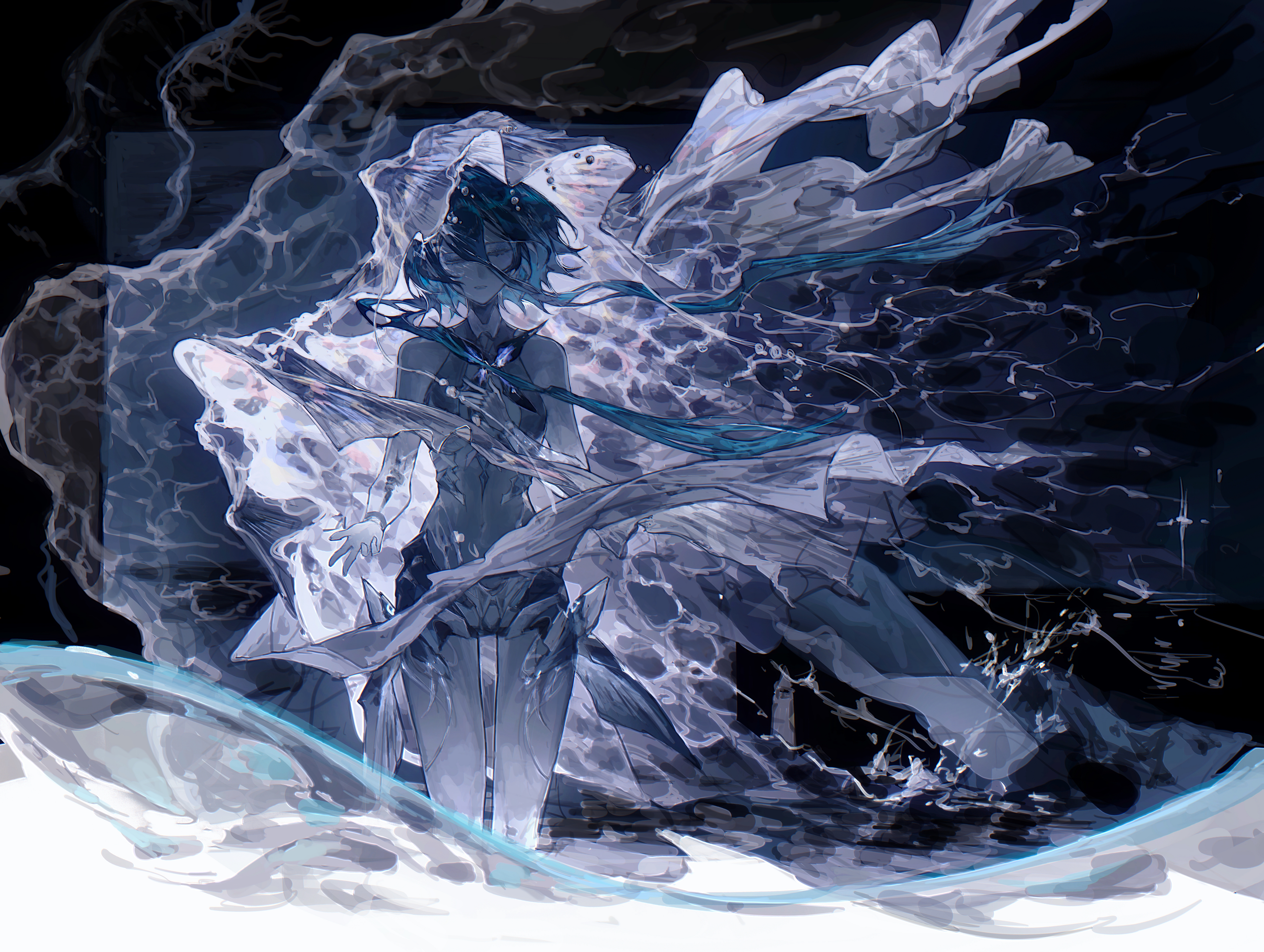 zhouliang48183, lamia: lost lullaby (abyssal dye) (pgr), lamia (pgr), punishing: gray raven, absurdres, chinese commentary, commentary, highres, 1girl, air bubble, bare arms, bare legs, bare shoulders, blue hair, bubble, closed eyes, covered navel, feet out of frame, flat chest, floating hair, hand on own chest, long bangs, official alternate costume, parted lips, see-through body, solo, stomach, straight-on, veil, water, waves