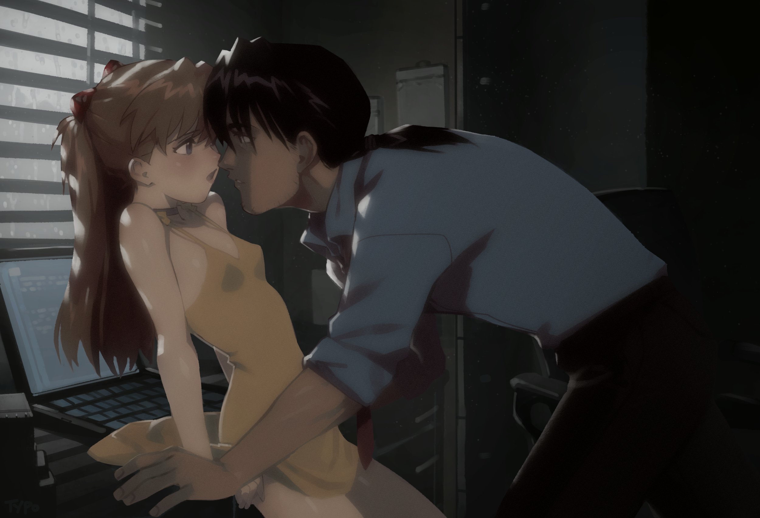 optionaltypo, kaji ryouji, souryuu asuka langley, neon genesis evangelion, commentary, english commentary, highres, 1boy, 1girl, age difference, bare shoulders, black choker, breasts, brown hair, choker, dress, indoors, long hair, looking at another, open mouth, orange hair, shirt, small breasts, twintails, white shirt, yellow dress