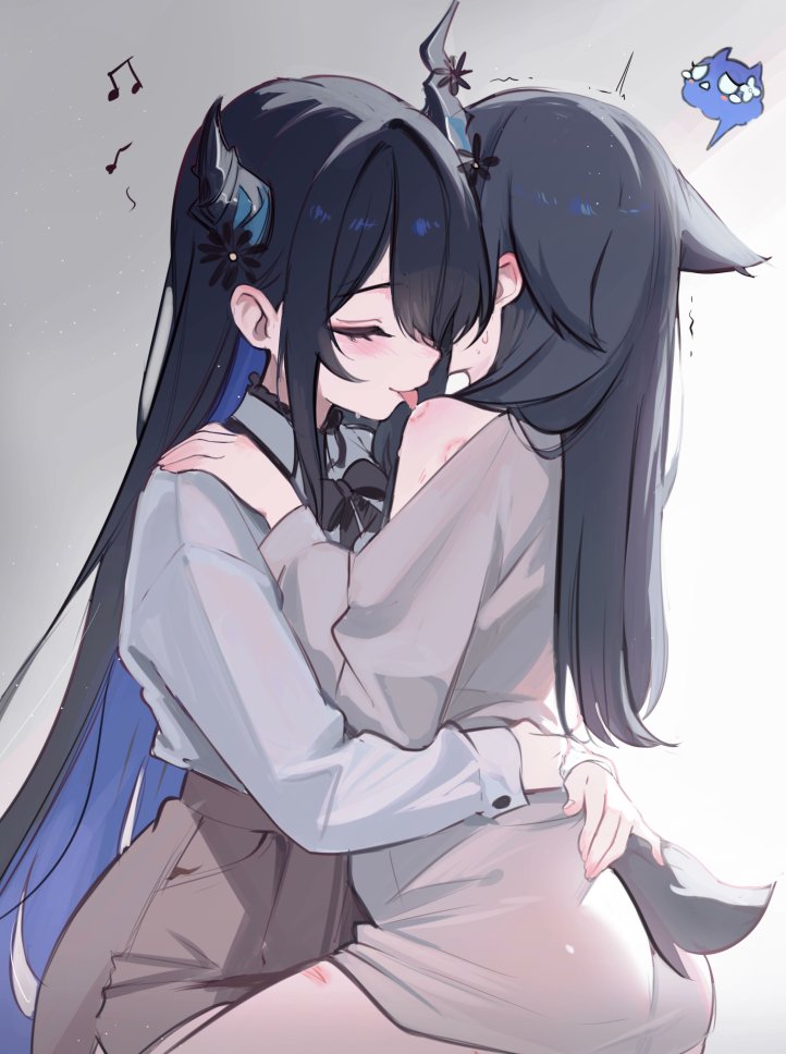 koahri, jailbird (nerissa ravencroft), nerissa ravencroft, hololive, hololive english, commentary, 2girls, asymmetrical horns, bite mark, black hair, blue hair, brown shorts, closed eyes, clothing cutout, collared shirt, colored inner hair, flower, hair flaps, high-waist shorts, horn flower, horns, hug, licking, long hair, long sleeves, multicolored hair, multiple girls, no pants, puffy long sleeves, puffy sleeves, shirt, shorts, sidelocks, simple background, single off shoulder, straddling, tail, tail through clothes, tongue, tongue out, uneven horns, upright straddle, very long hair, virtual youtuber, white background, white shirt, yuri