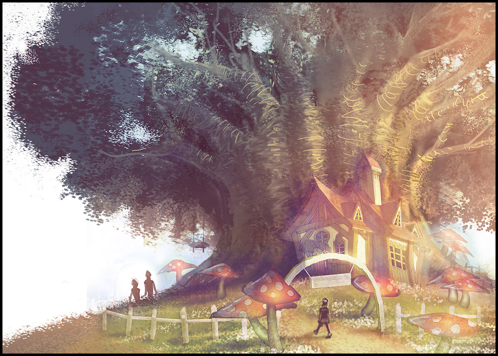 sukiyoshi (skiaki), bad id, bad pixiv id, unfinished, 1girl, androgynous, arch, bloom, female focus, flower, grass, house, landscape, mushroom, nature, outdoors, scenery, sky, solo, tree, walking