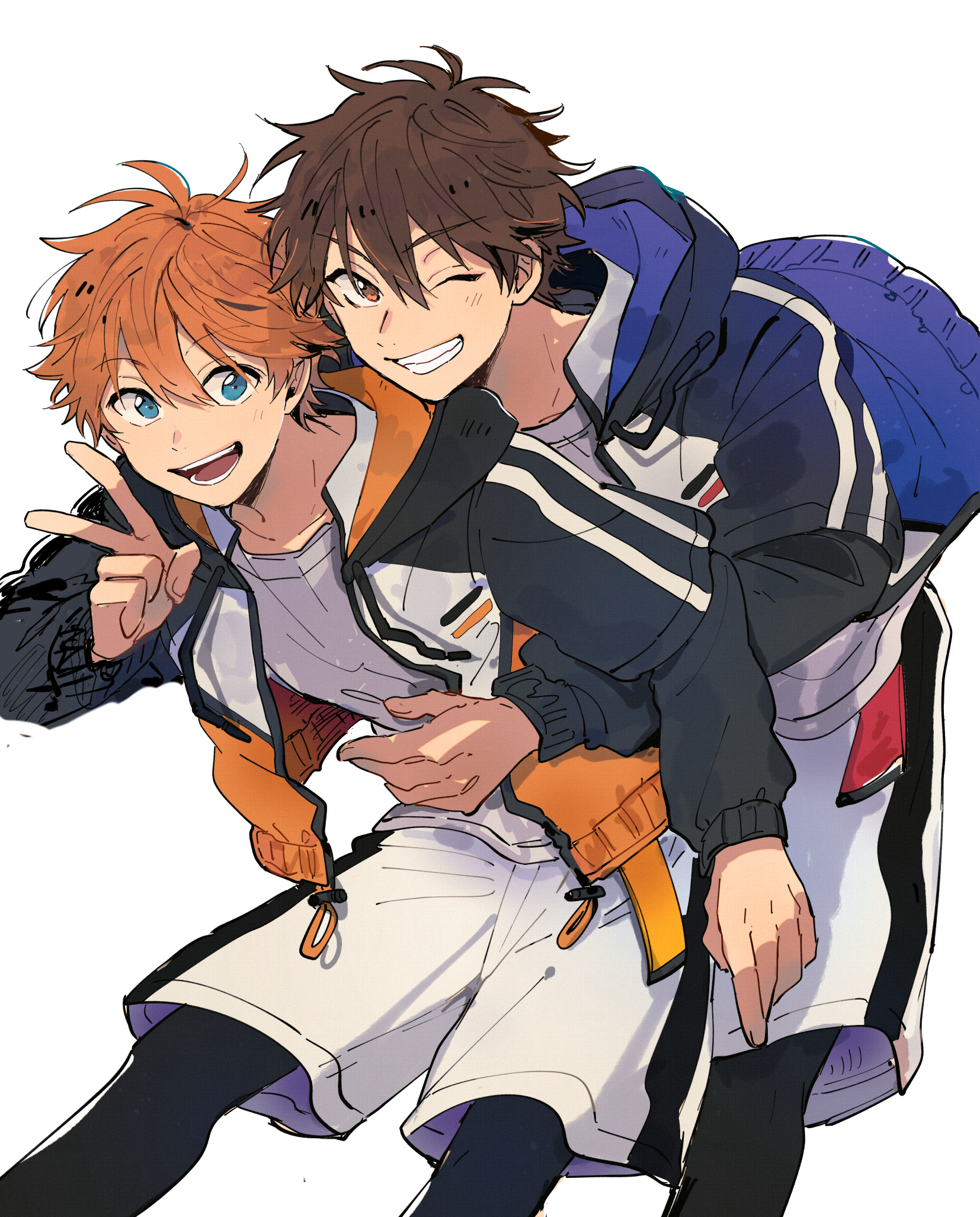 mitobinyo, akehoshi subaru, morisawa chiaki, ensemble stars!, commentary request, highres, 2boys, blue eyes, blue jacket, brown hair, cowboy shot, grin, hair between eyes, hand up, hug, hug from behind, jacket, long sleeves, male focus, multicolored jacket, multiple boys, one eye closed, open clothes, open jacket, open mouth, orange hair, orange jacket, red eyes, short hair, shorts, simple background, smile, teeth, v, white background, white shorts, yaoi