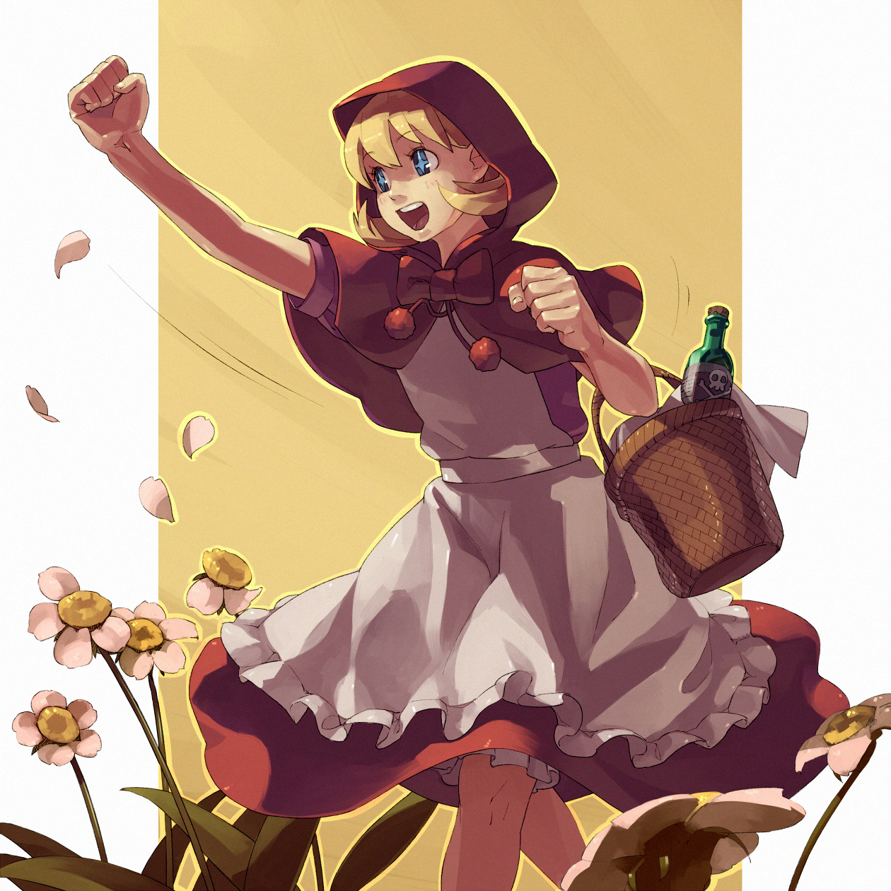 shihou (g-o-s), b.b. hood, little red riding hood (fairy tale character), capcom, darkstalkers, little red riding hood (fairy tale), folklore, highres, 1girl, basket, blonde hair, blue eyes, dress, female focus, flower, hood, pantyhose, red dress, short hair, simple background, solo