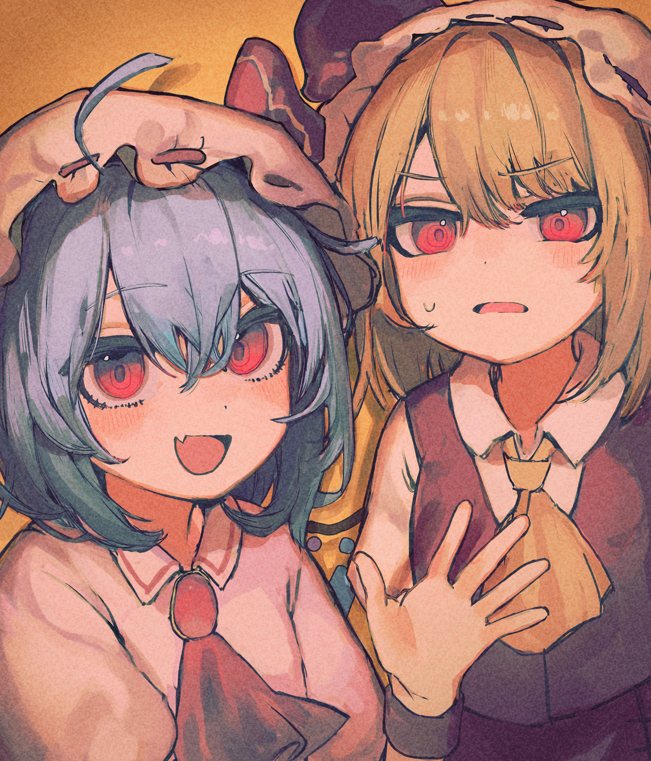 ameshi (rzuw4482), flandre scarlet, remilia scarlet, touhou, absurdres, commentary request, highres, 2girls, ascot, blonde hair, blue hair, blush, collared shirt, crystal, crystal wings, fang, hair between eyes, hat, hat ribbon, looking at viewer, mob cap, multiple girls, open mouth, red ascot, red eyes, red skirt, red vest, ribbon, shirt, siblings, sisters, skin fang, skirt, skirt set, smile, sweatdrop, upper body, vest, waving, white hat, white shirt, wings, yellow ascot, yellow background