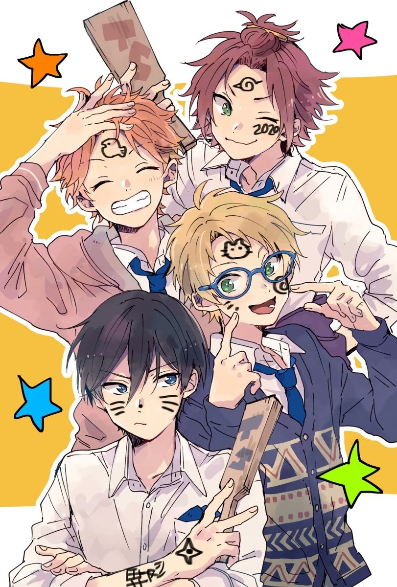 mitobinyo, akehoshi subaru, hidaka hokuto, isara mao, yuuki makoto (ensemble stars!), ensemble stars!, commentary, highres, symbol-only commentary, 2020, 4boys, arm up, bangs pinned back, black hair, blonde hair, blue-framed eyewear, blue eyes, blue necktie, cardigan, closed eyes, closed mouth, crossed arms, facial mark, glasses, green eyes, hagoita, hair between eyes, hands up, index fingers together, long sleeves, looking at viewer, looking to the side, male focus, multiple boys, necktie, open mouth, orange hair, paddle, pointing, pointing at self, print cardigan, red hair, shirt, short hair, smile, star (symbol), trickstar (ensemble stars!), white shirt