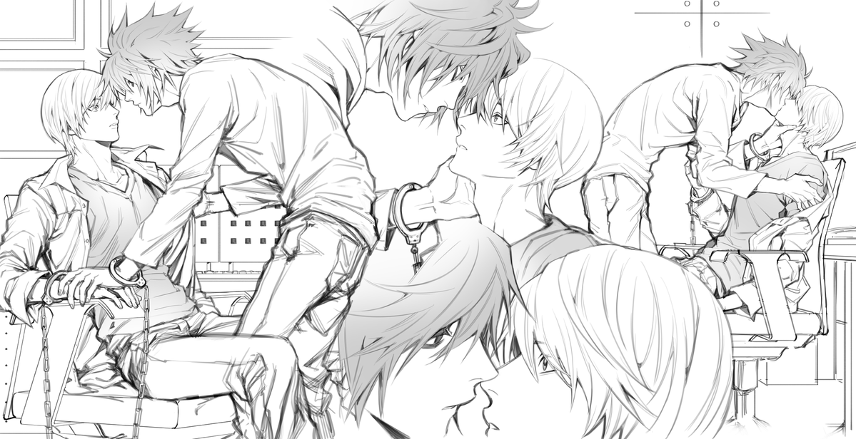 ruttika shin, l (death note), yagami light, death note, commentary, 2boys, adam's apple, chair, collared shirt, eye contact, face-to-face, french kiss, greyscale, hands on another's face, kiss, long sleeves, looking at another, male focus, monochrome, multiple boys, multiple views, shared handcuffs, shirt, sitting, standing, yaoi