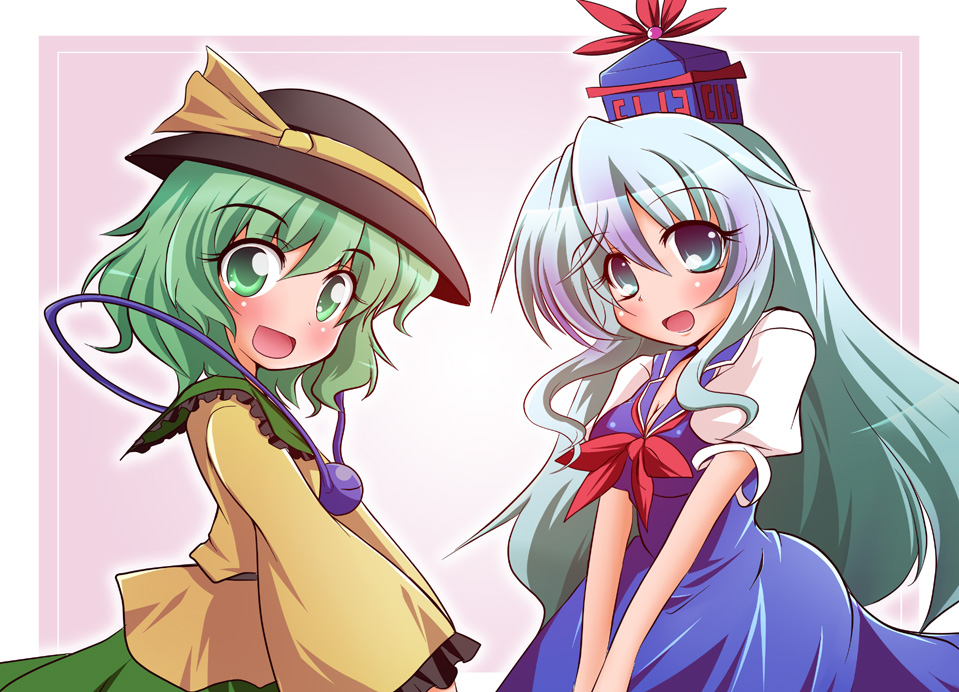 geo (yukishitadou), kamishirasawa keine, komeiji koishi, touhou, 2girls, female focus, green eyes, green hair, hat, multiple girls