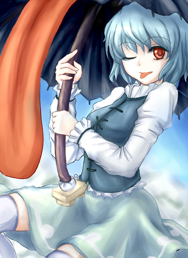 ten ryuu sadaaki, tatara kogasa, touhou, 1girl, :p, blue hair, female focus, karakasa obake, red eyes, short hair, solo, thighhighs, tongue, tongue out, umbrella, zettai ryouiki
