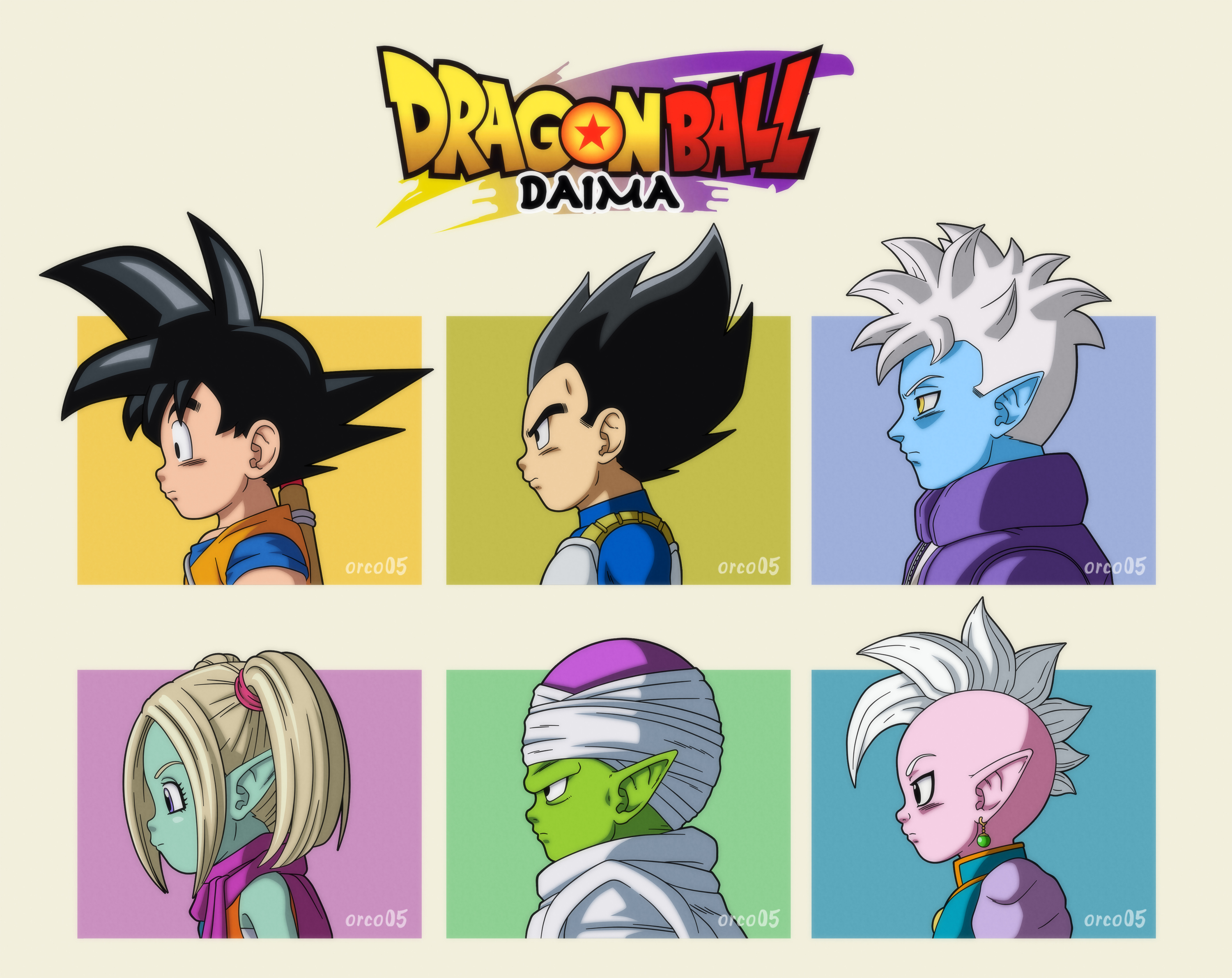 orco05, glorio (dragon ball), pansy (dragon ball daima), piccolo, shin (dragon ball), son goku, vegeta, dragon ball, dragon ball daima, commentary, english commentary, highres, mixed-language commentary, 1girl, 5boys, aqua skin, armor, artist name, black eyes, black hair, blonde hair, blue bodysuit, blue shirt, blue skin, blue vest, bo staff, bodysuit, cape, closed mouth, colored skin, column lineup, copyright logo, dougi, earrings, from side, green skin, grey background, jacket, jewelry, jumpsuit, logo, mohawk, multiple boys, orange jumpsuit, orange shirt, pink skin, pointy ears, portrait, potara earrings, profile, purple eyes, purple jacket, purple scarf, purple shirt, ruyi jingu bang, saiyan armor, scarf, serious, shirt, short hair, spiked hair, staff, turban, twintails, vest, weapon, weapon on back, white cape, white hair, white turban, yellow eyes
