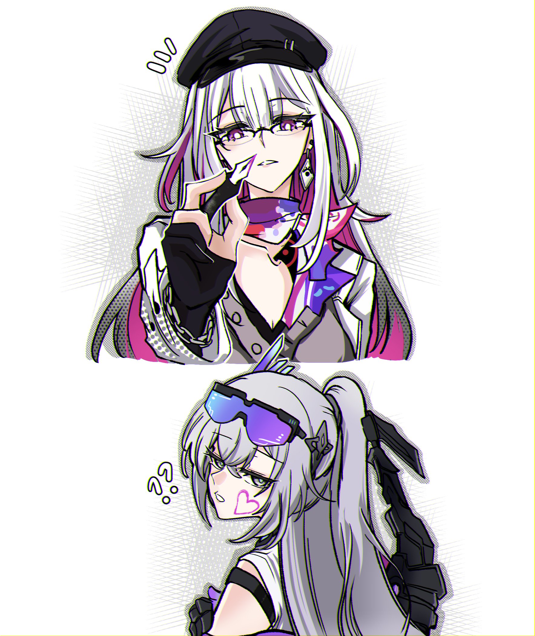 choikfu, nihilux (honkai: star rail), silver wolf (elation) (honkai: star rail), silver wolf (honkai: star rail), honkai: star rail, honkai (series), commentary, highres, symbol-only commentary, 2girls, ?, ??, beret, black gloves, black hat, breasts, brown cardigan, cardigan, cleavage, colored inner hair, drawing on another's face, eyewear on head, glasses, gloves, grey eyes, grey hair, hair between eyes, hat, heart, holding, holding pen, implied yuri, long hair, looking at viewer, mechanical tail, multicolored hair, multiple girls, nib pen (object), official alternate costume, partially fingerless gloves, pen, pink hair, purple-tinted eyewear, purple eyes, scarf, shirt, streaked hair, tail, tinted eyewear, upper body, white background, white hair, white shirt