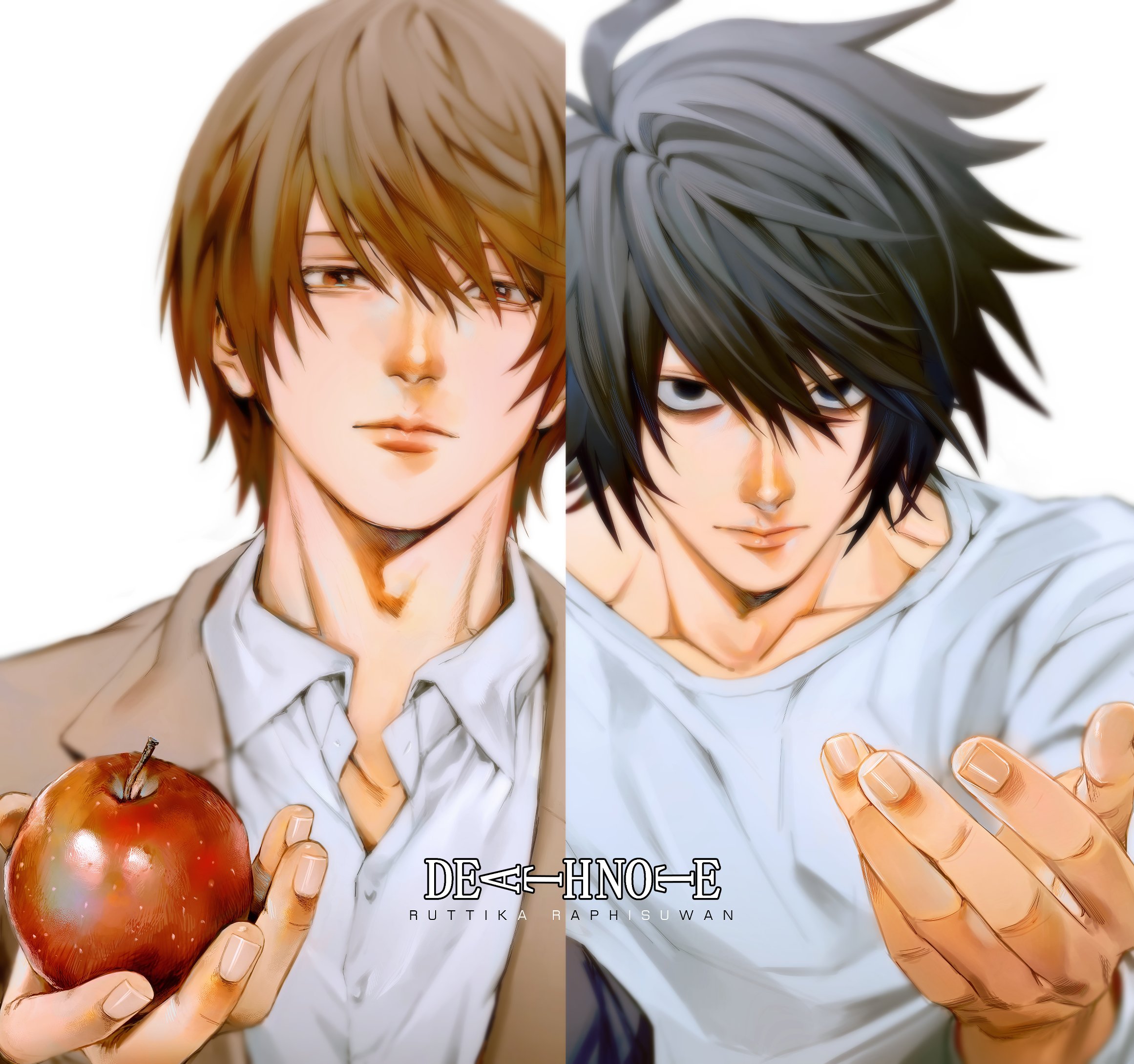 ruttika shin, l (death note), yagami light, death note, commentary request, highres, 2boys, apple, bags under eyes, black eyes, black hair, brown eyes, brown hair, brown jacket, closed mouth, collared shirt, copyright logo, fingernails, food, fruit, giving food, holding, holding food, holding fruit, jacket, lips, logo, male focus, multiple boys, nose, shirt, short hair, simple background, thai commentary, white background, white shirt