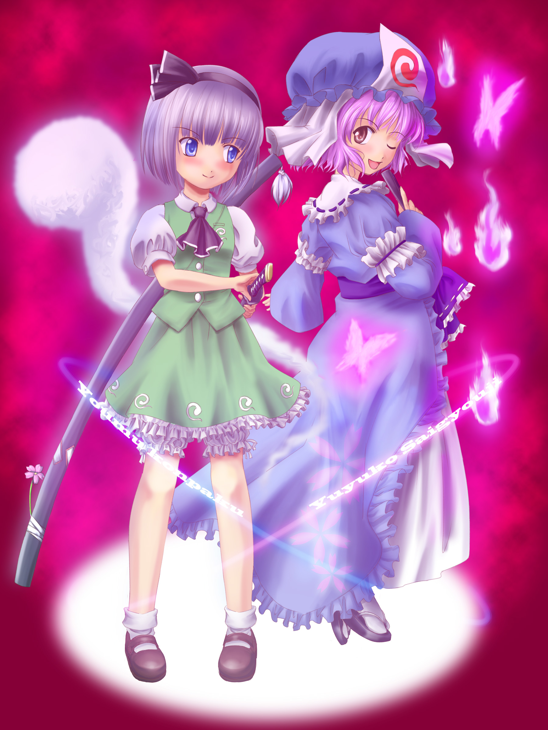 raisu, konpaku youmu, konpaku youmu (ghost), saigyouji yuyuko, touhou, silver hair, absurdres, bad id, bad pixiv id, highres, 2girls, blue eyes, dress, female focus, full body, ghost, gradient background, hairband, hand fan, hat, katana, multiple girls, one eye closed, pink hair, short hair, skirt, sword, weapon, wink