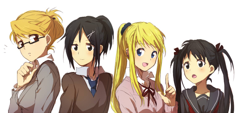 riru, lan fan, may chang, riza hawkeye, winry rockbell, fullmetal alchemist, bad id, bad pixiv id, 00s, 4girls, ^^^, alternate costume, alternate hairstyle, bespectacled, black eyes, black hair, blonde hair, blue eyes, brown eyes, contemporary, folded ponytail, glasses, hair ornament, hairpin, index finger raised, multiple girls, ponytail, school uniform, serafuku, teacher, teacher and student, twintails