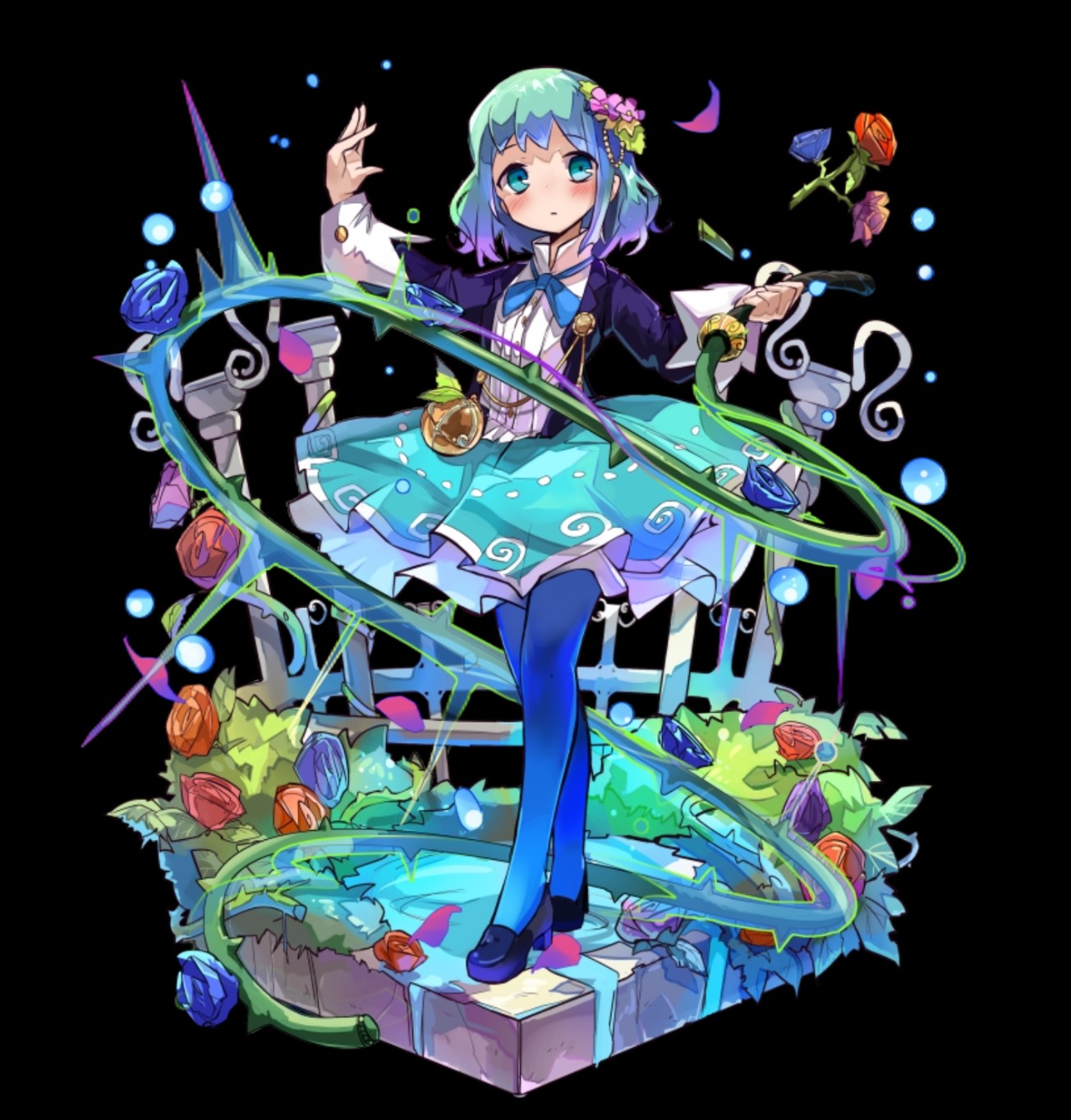 merc storia art team, merc storia, highres, official art, 1girl, aqua eyes, aqua skirt, black background, black shoes, blue flower, blue hair, blue pantyhose, blue rose, blush, closed mouth, collared shirt, fence, flat chest, flower, full body, gradient hair, hair flower, hair ornament, hand up, high heels, holding, holding whip, jacket, long sleeves, multicolored hair, olga (merc storia), open clothes, open jacket, pantyhose, pink hair, purple flower, purple jacket, purple rose, red flower, red rose, reverse grip, rose, shirt, shoes, sidelocks, simple background, skirt, solo, standing, stone floor, tachi-e, tareme, whip, white shirt