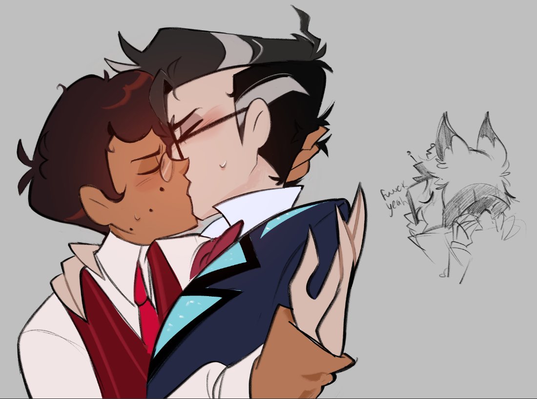 alastor (hazbin hotel), alastor (human) (hazbin hotel), vox (hazbin hotel), vox (human) (hazbin hotel), hazbin hotel, hellaverse, commentary, english commentary, 2boys, animal ears, black hat, blue suit, blush, bow, bowtie, brown hair, closed eyes, closed mouth, dark-skinned male, dark skin, deer ears, english text, formal clothes, grabbing another's hair, grey background, hand on another's shoulder, hat, holding another's hair, holding hands, kadeywadey10, kiss, male focus, multicolored hair, multiple boys, necktie, object head, official alternate costume, raised inner eyebrows, red bow, red bowtie, red necktie, short hair, standing, suit, top hat, two-tone hair, yaoi