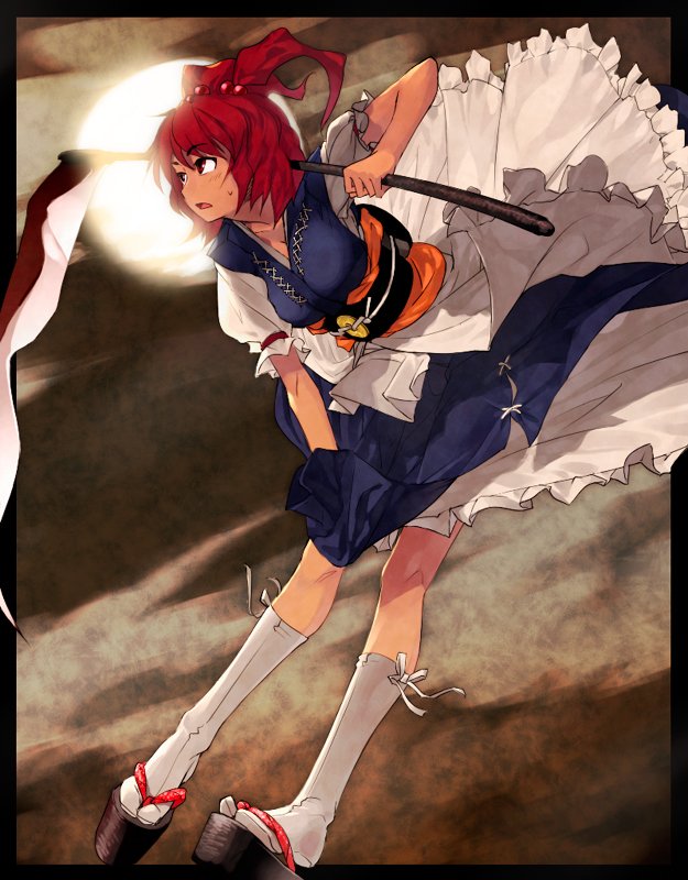 sun-3, onozuka komachi, touhou, framed, jpeg artifacts, 1girl, black border, blue dress, border, bow, clog sandals, dress, female focus, frilled skirt, frills, full moon, hair bobbles, hair ornament, japanese clothes, kneehighs, moon, night, okobo, outside border, platform sandals, red eyes, red hair, ribbon, sandals, scythe, short hair, skirt, sky, socks, solo, sweatdrop, tabi, twintails, two side up, weapon, white socks
