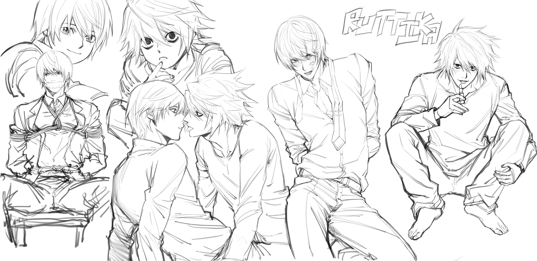 ruttika shin, l (death note), yagami light, death note, commentary, highres, 2boys, aged down, arms behind back, barefoot, bdsm, belt, blush, bondage, bound, closed mouth, collared shirt, cosmetics, face-to-face, full body, gag, greyscale, holding, holding lipstick tube, imminent kiss, improvised gag, lipstick mark, lipstick mark on face, lipstick tube, male focus, monochrome, multiple boys, multiple views, necktie over shoulder, shirt, shirt tucked in, short hair, simple background, sitting, squatting, tape, tape gag, tongue, tongue out, white background, yaoi