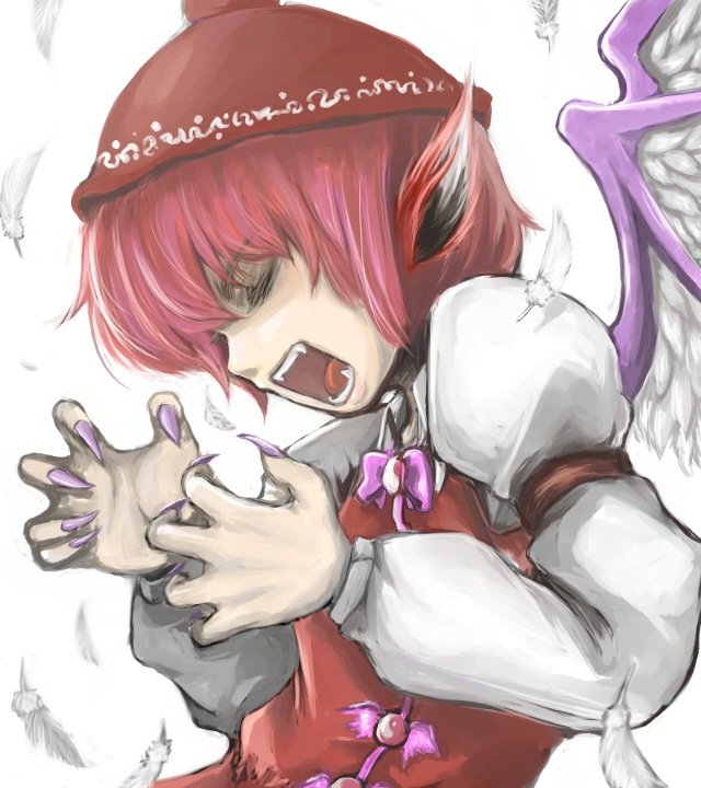 ginji (sakaki summer), mystia lorelei, touhou, 1girl, closed eyes, fang, feathers, female focus, fingernails, long fingernails, open mouth, pink hair, sharp fingernails, short hair, solo, upper body, white background