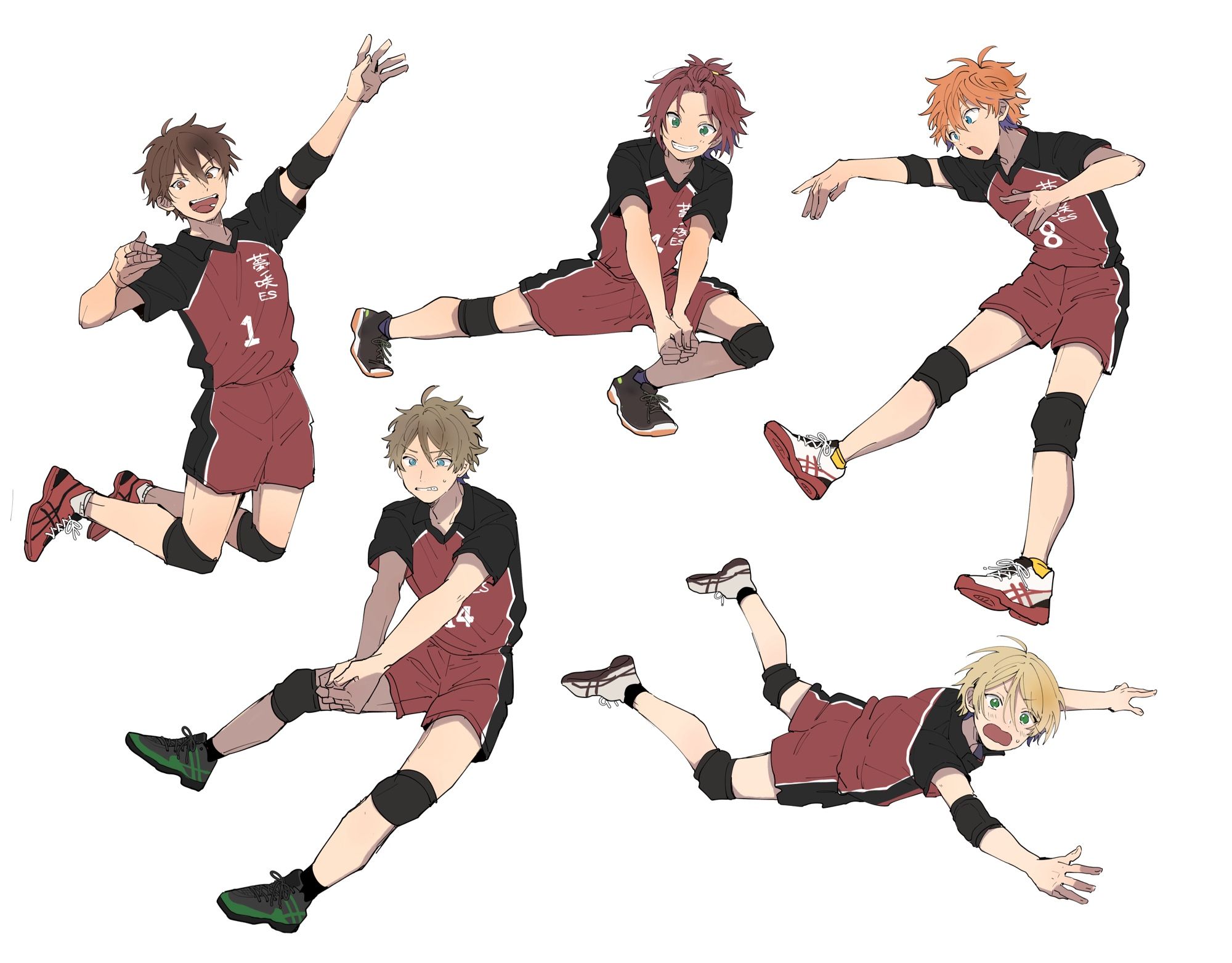 mitobinyo, akehoshi subaru, isara mao, morisawa chiaki, shiratori aira (ensemble stars!), takamine midori, ensemble stars!, commentary, highres, symbol-only commentary, 5boys, alternate costume, bangs pinned back, blonde hair, blue eyes, brown eyes, brown hair, full body, green eyes, hair between eyes, knee pads, looking at viewer, male focus, multiple boys, open mouth, orange hair, red hair, short hair, short sleeves, shorts, simple background, spiking, sportswear, volleyball uniform, white background