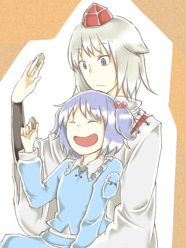 kamejiro (sasakame), inubashiri momiji, kawashiro nitori, touhou, silver hair, 2girls, :d, blue hair, board game, closed eyes, expressionless, female focus, hair bobbles, hair ornament, hat, leaning on person, multiple girls, open mouth, shogi, sitting, sitting on lap, sitting on person, smile, tokin hat, two side up