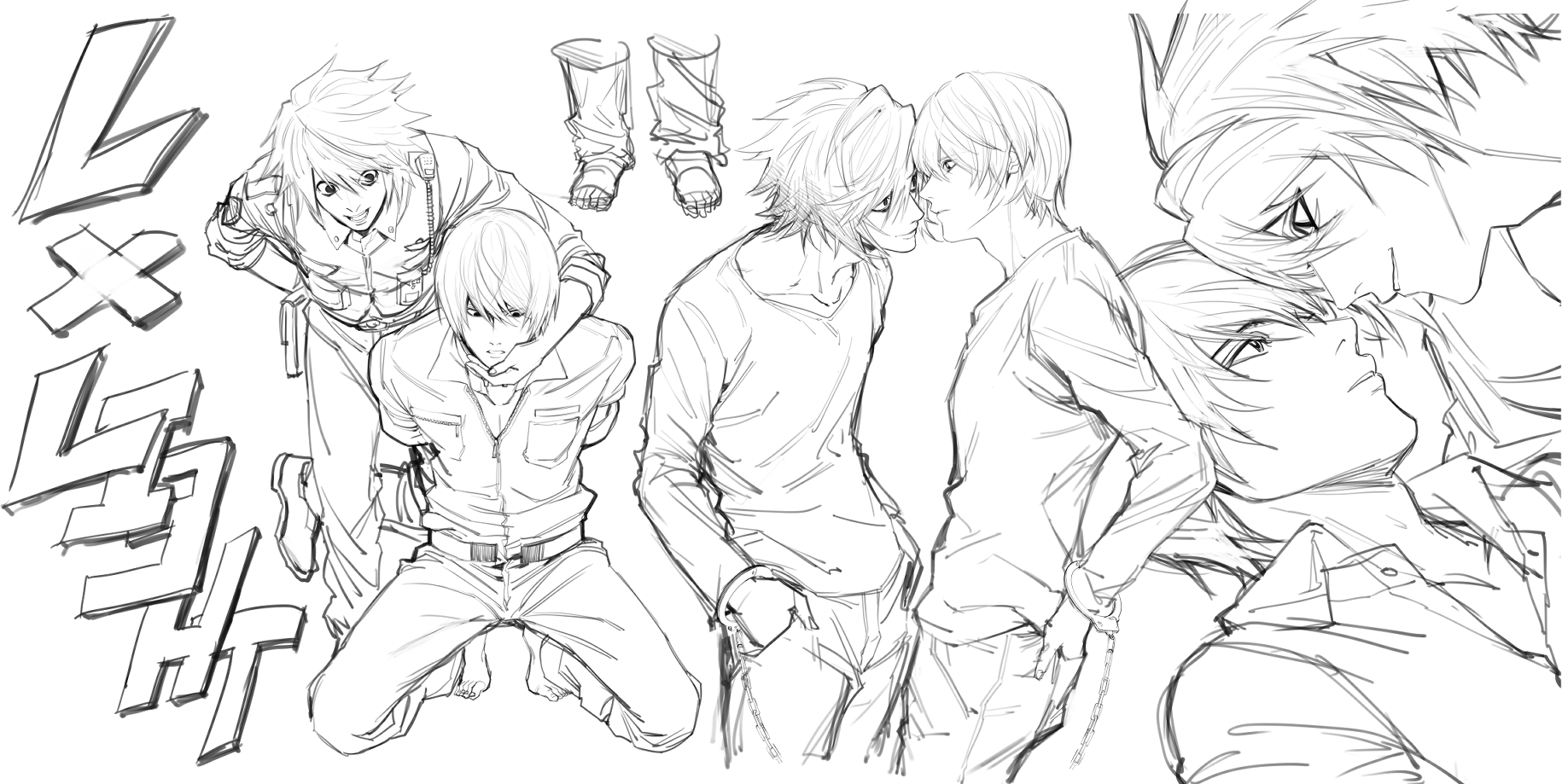 ruttika shin, l (death note), yagami light, death note, commentary, highres, 2boys, arms behind back, cuffs, eye contact, full body, greyscale, handcuffs, hands in pockets, kneeling, looking at another, male focus, monochrome, multiple boys, parted lips, police, police uniform, policeman, ship name, short hair, simple background, white background