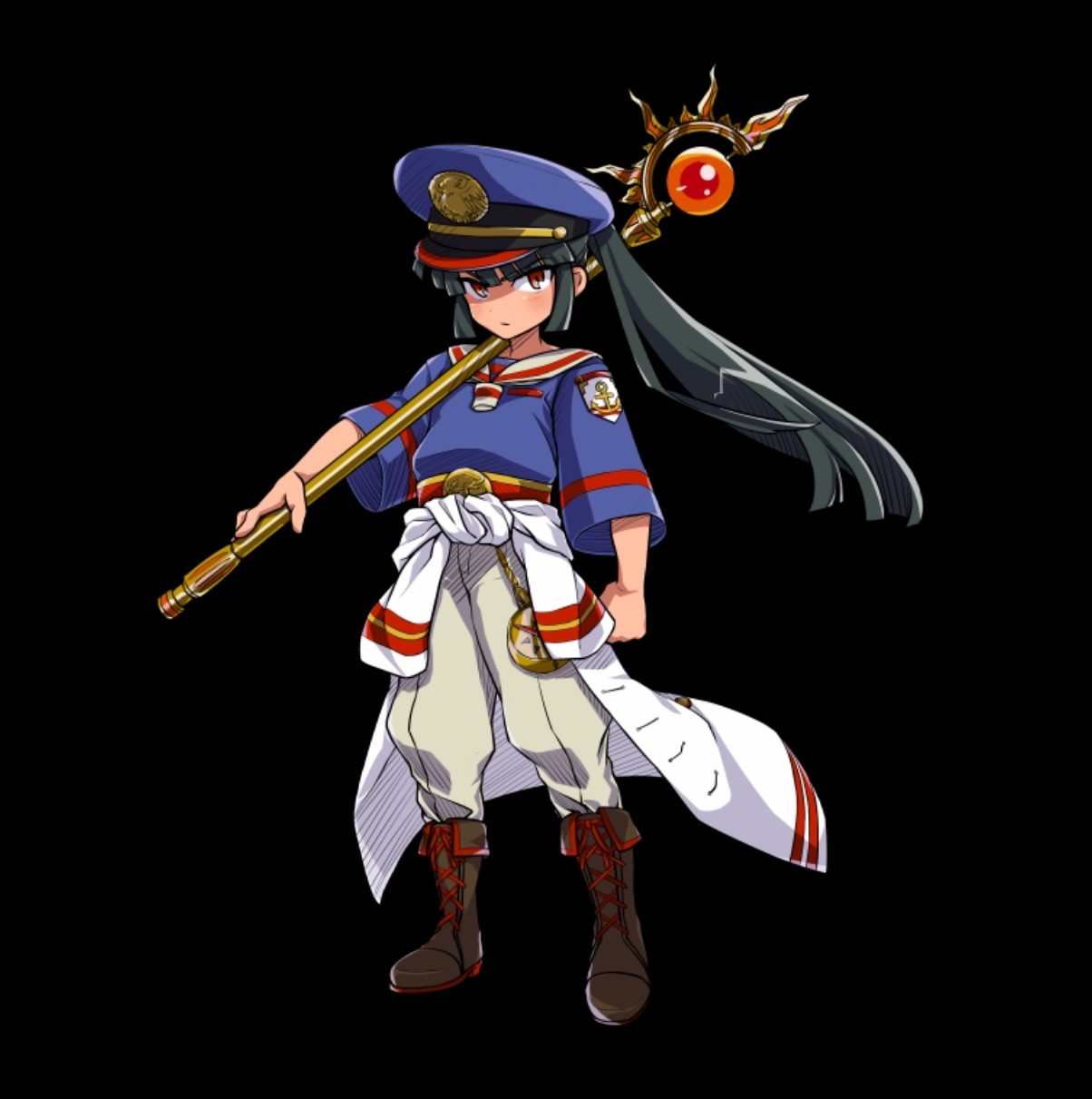 merc storia art team, merc storia, highres, official art, 1boy, anchor, black background, black hair, blue shirt, boots, brown eyes, closed mouth, clothes around waist, full body, grey boots, hat, holding, holding staff, jacket, jacket around waist, leon (merc storia), long hair, pants, police hat, ponytail, sailor collar, shirt, sidelocks, simple background, solo, staff, standing, tachi-e, three-quarter sleeves, tsurime, very long hair, white pants